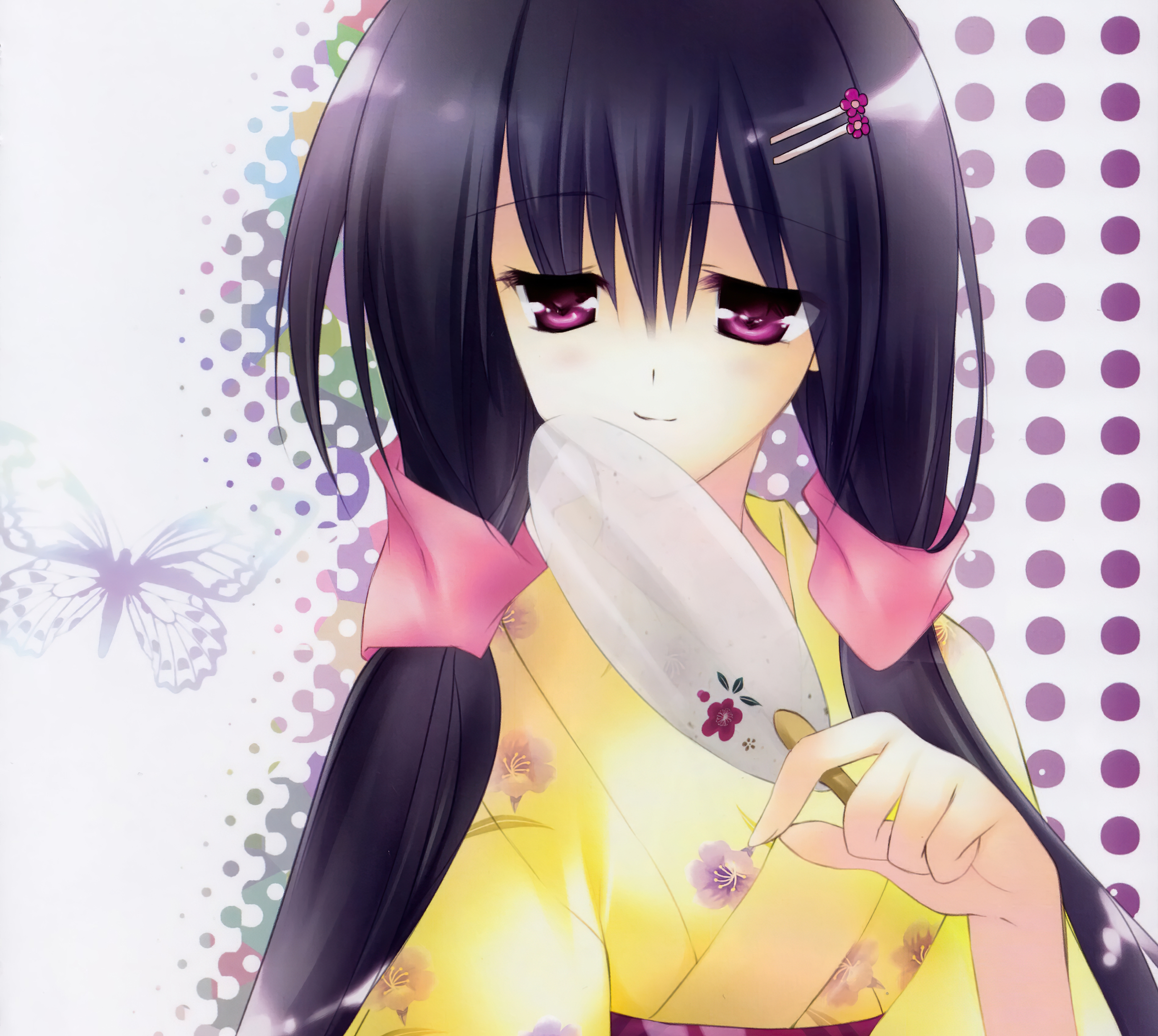 Black Hair Blush Butterfly Fan Kimono Long Hair Purple Eyes 2600x2326