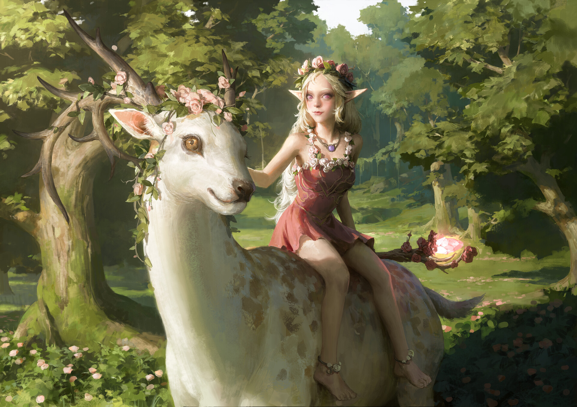 Animal Blonde Clash Of Wonders Deer Elf Pink Eyes Pointed Ears Sorceress Staff Wreath 1920x1355
