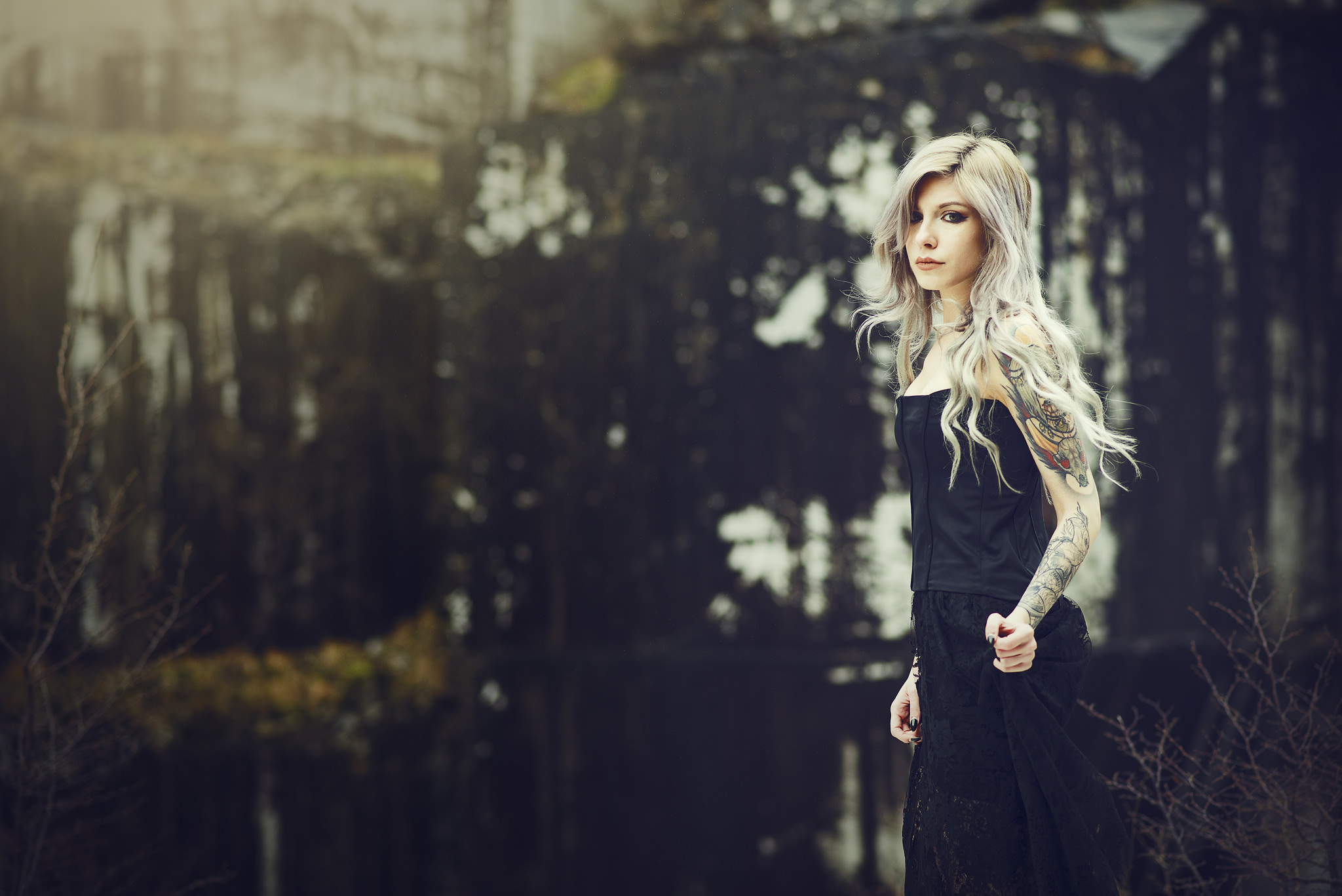 Black Dress Blonde Depth Of Field Girl Gothic Long Hair Model Tattoo Woman 2048x1367