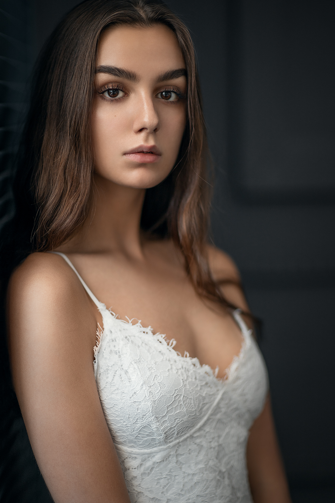 Mikhail Mikhailov Women Brunette Long Hair Looking At Viewer Makeup Dress White Clothing Depth Of Fi 1280x1920