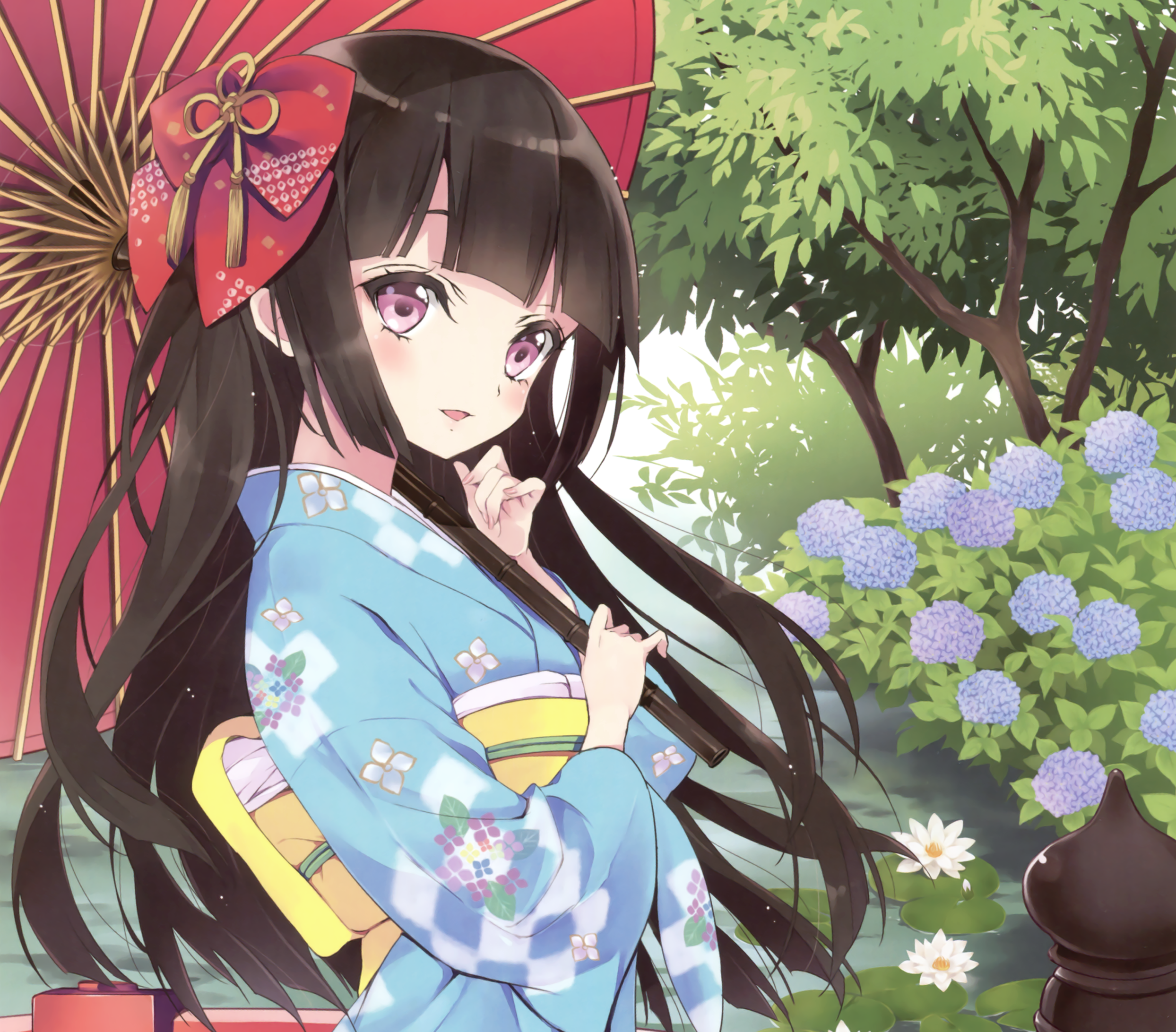 Black Hair Brown Eyes Carnation Kimono Long Hair Parasol Smile Bow Clothing 2488x2184