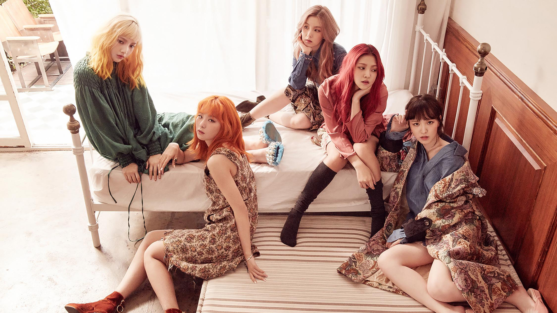 Asian Brunette Girl Band K Pop Korean Pink Hair Red Velvet Redhead Shorts Singer Sitting Skirt Woman 1920x1080