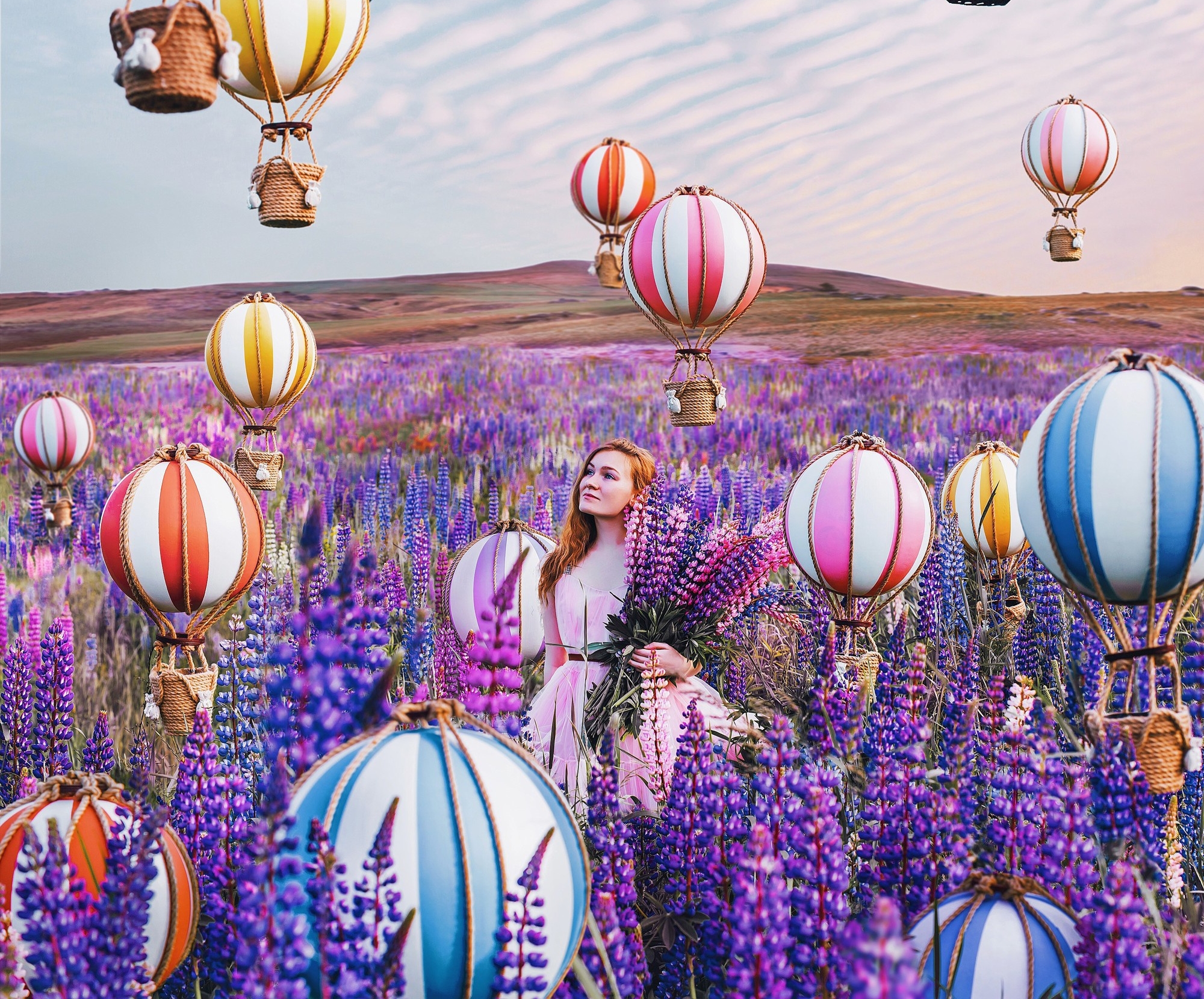 Balloon Flower Girl Hot Air Balloon Lupine Redhead Woman 2000x1659