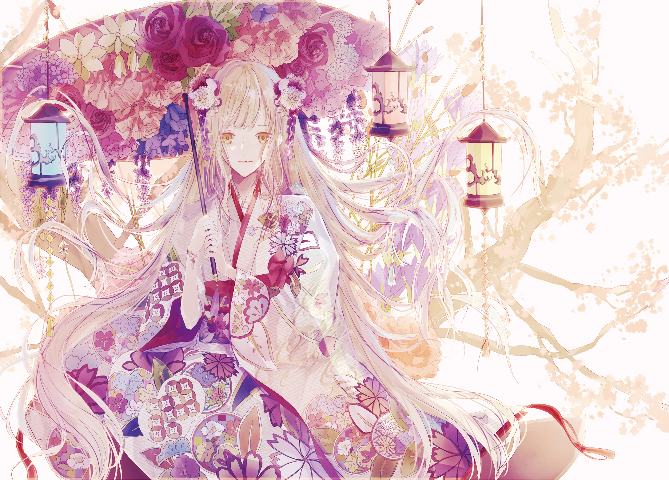 Blonde Flower Kimono Lantern Long Hair Parasol Yellow Eyes 2175x1559
