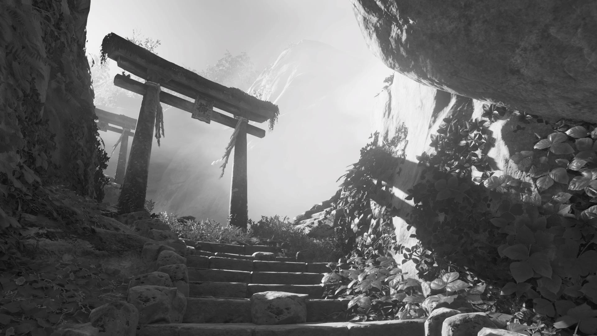 Japanese Shrine Monochrome Render Steps Rocks Digital 1920x1080