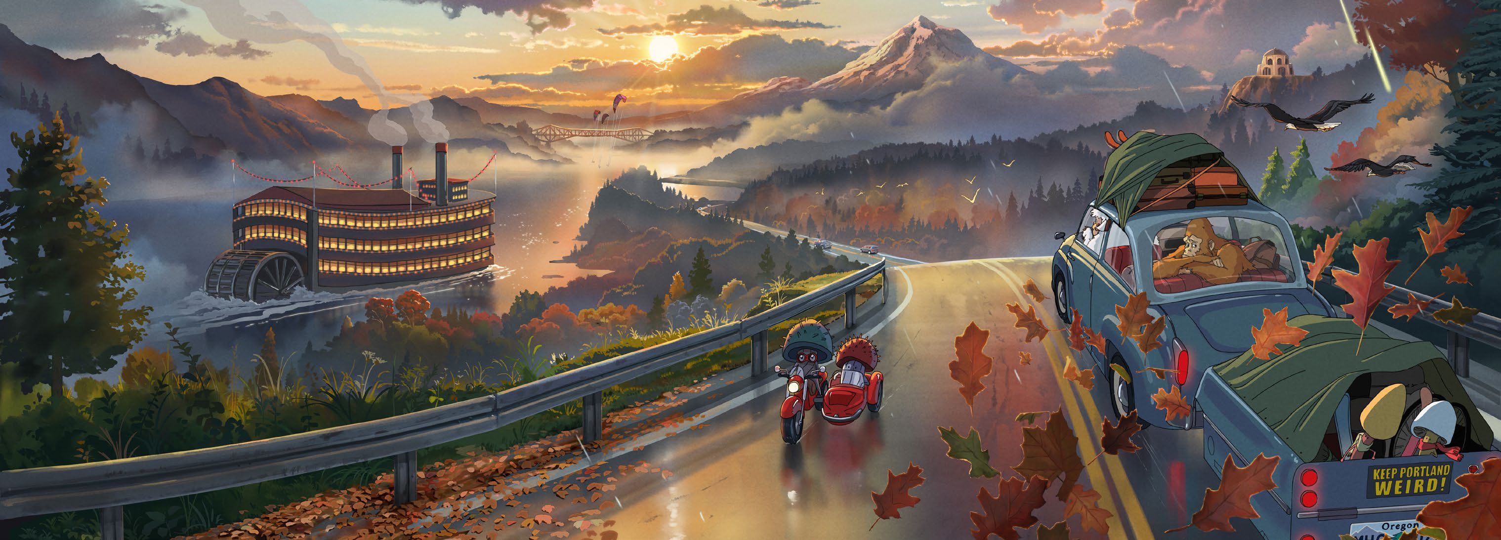 Oregon Portland Travel Oregon Studio Ghibli Hayao Miyazaki Yeti Sasquatch Squatch Digital Painting L 3038x1093