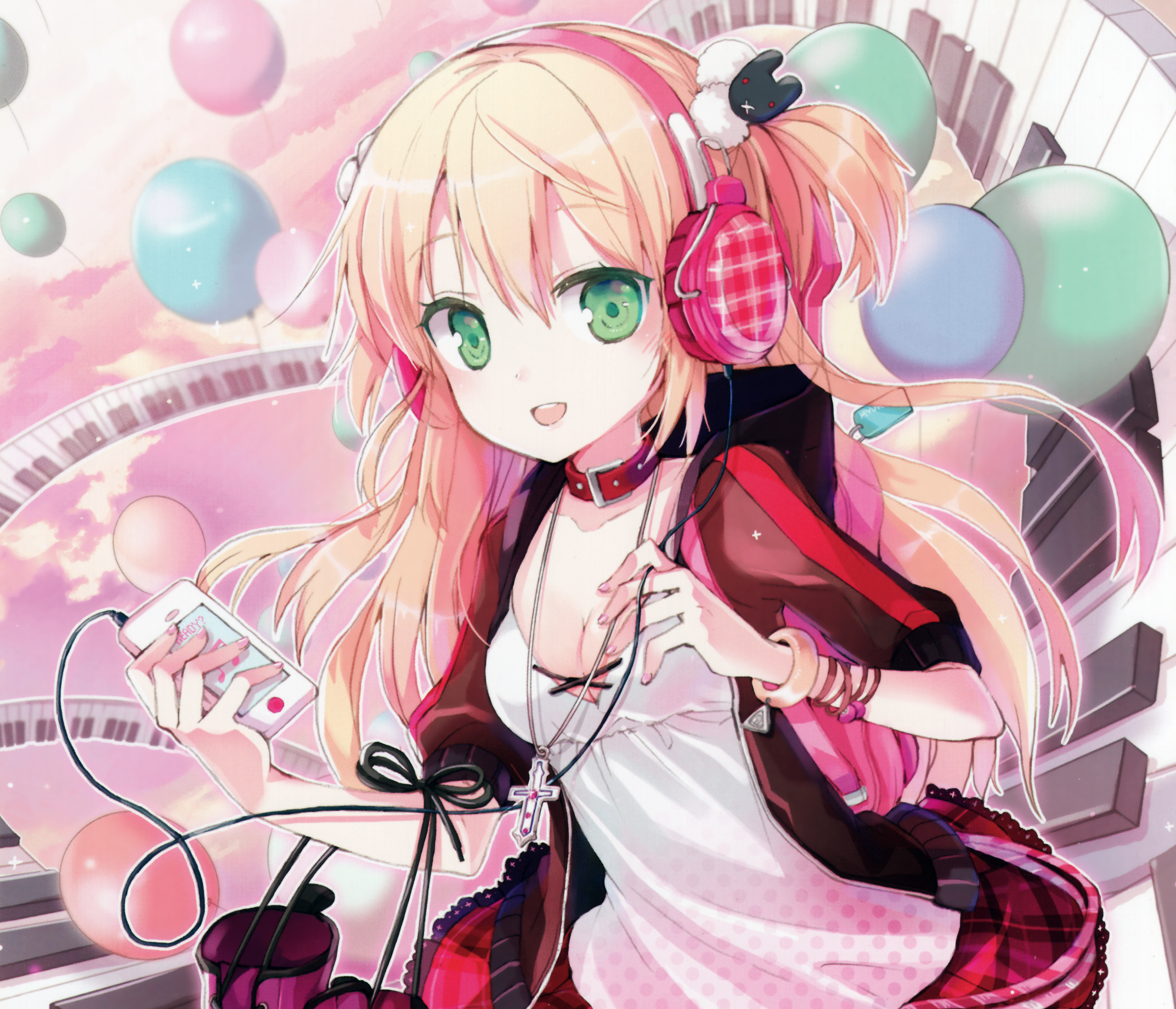 Bag Balloon Blonde Cross Green Eyes Headphones Long Hair Necklace Smile Twintails 2144x1840