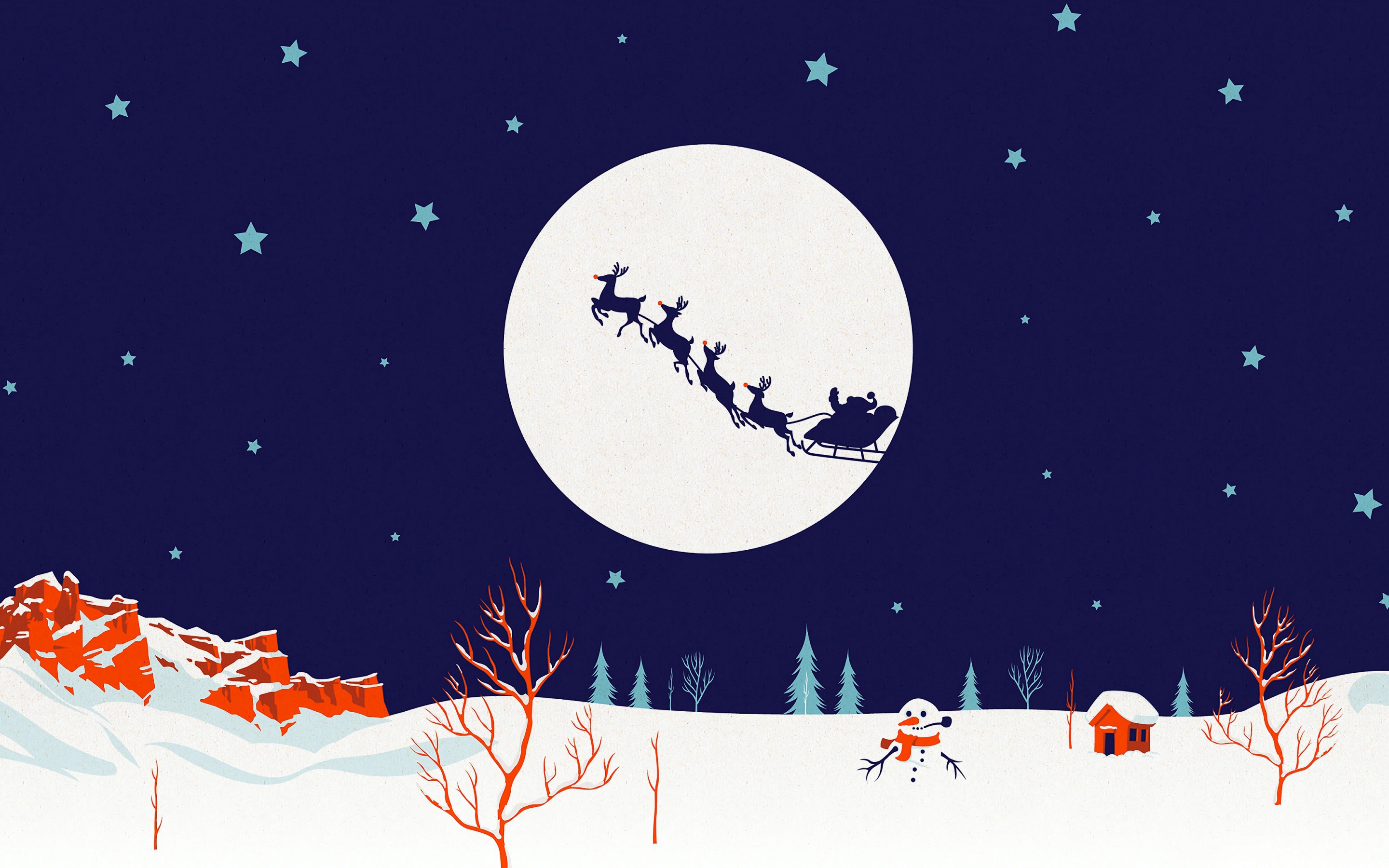 Christmas Deer Moon Santa Silhouette Sleigh Snowman Winter 2880x1800