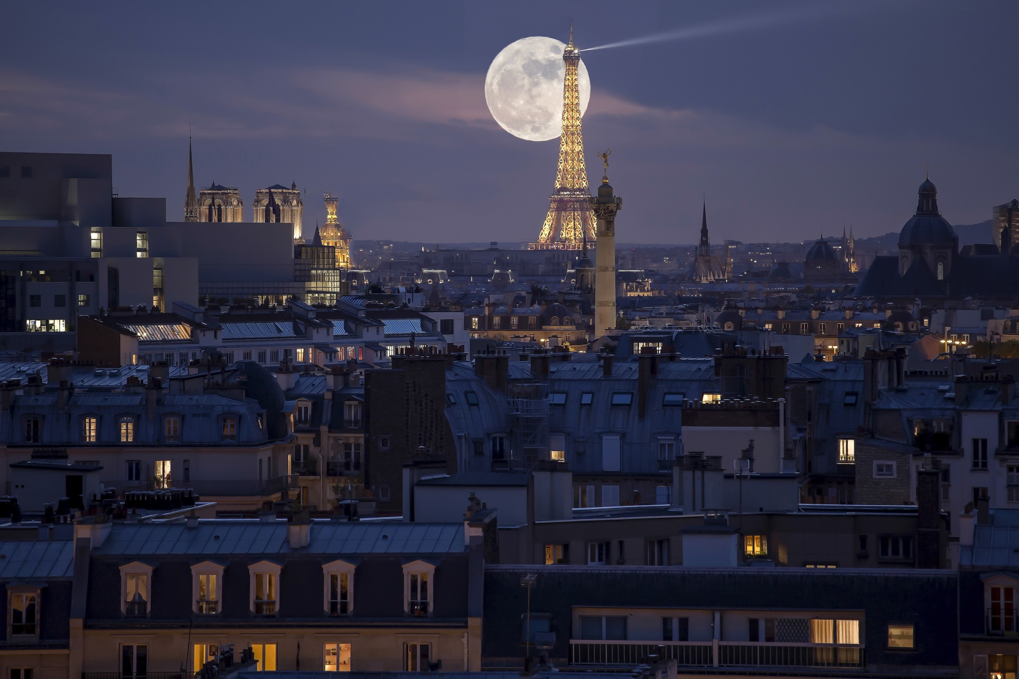 City Eiffel Tower France Moon Night Paris 2048x1365