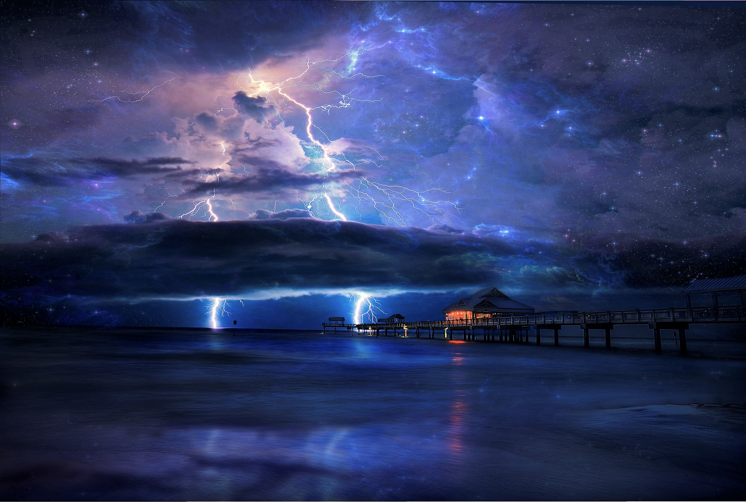 Artistic Cloud Horizon Lightning Nebula Ocean Pier Sea Sky 2500x1681