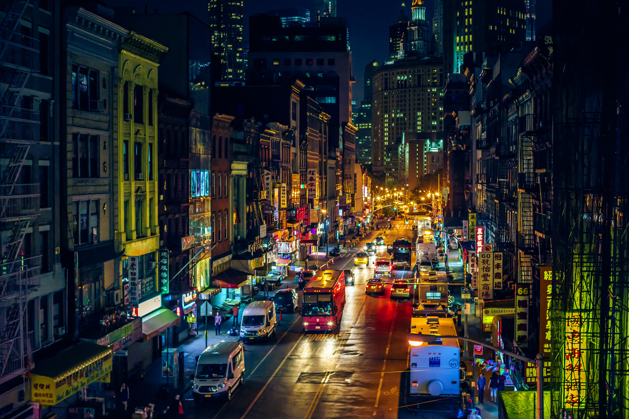 Building Car Chinatown City Light Manhattan New York Night Street 2048x1367