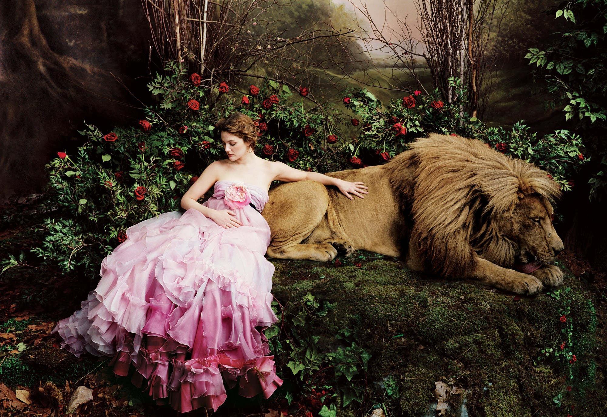 Artistic Drew Barrymore Forest Girl Lion Manipulation Photoshop Pink Dress Woman 2000x1374