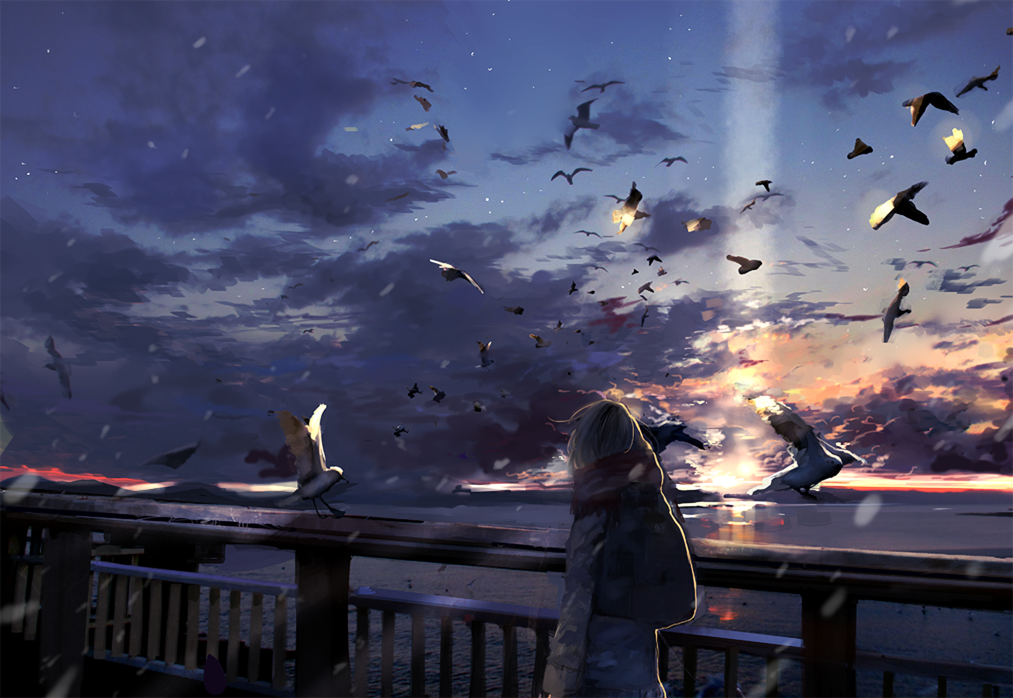 Bird Cloud Girl Original Anime Sky Sunset 2000x1378