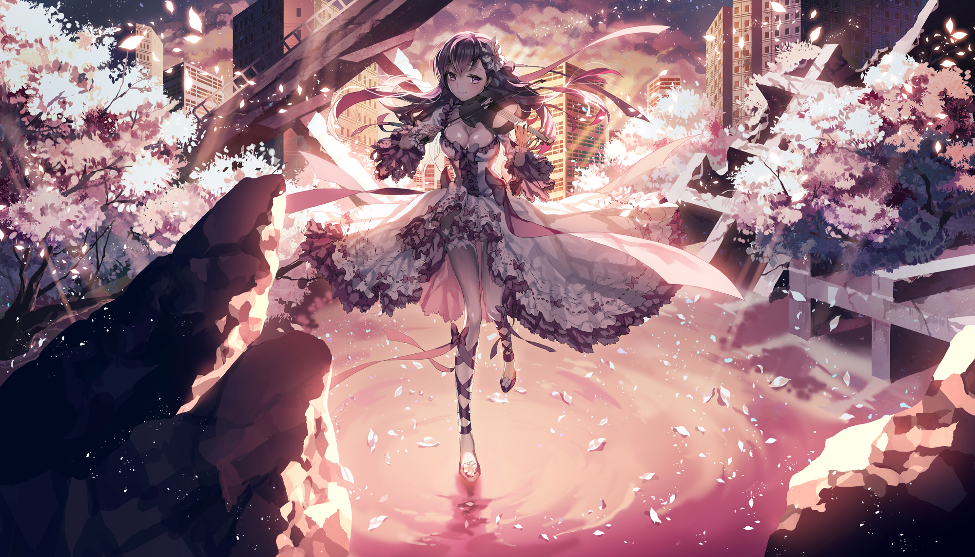 Anime Girl Music Petal Sakura Matou Violinist 2000x1143