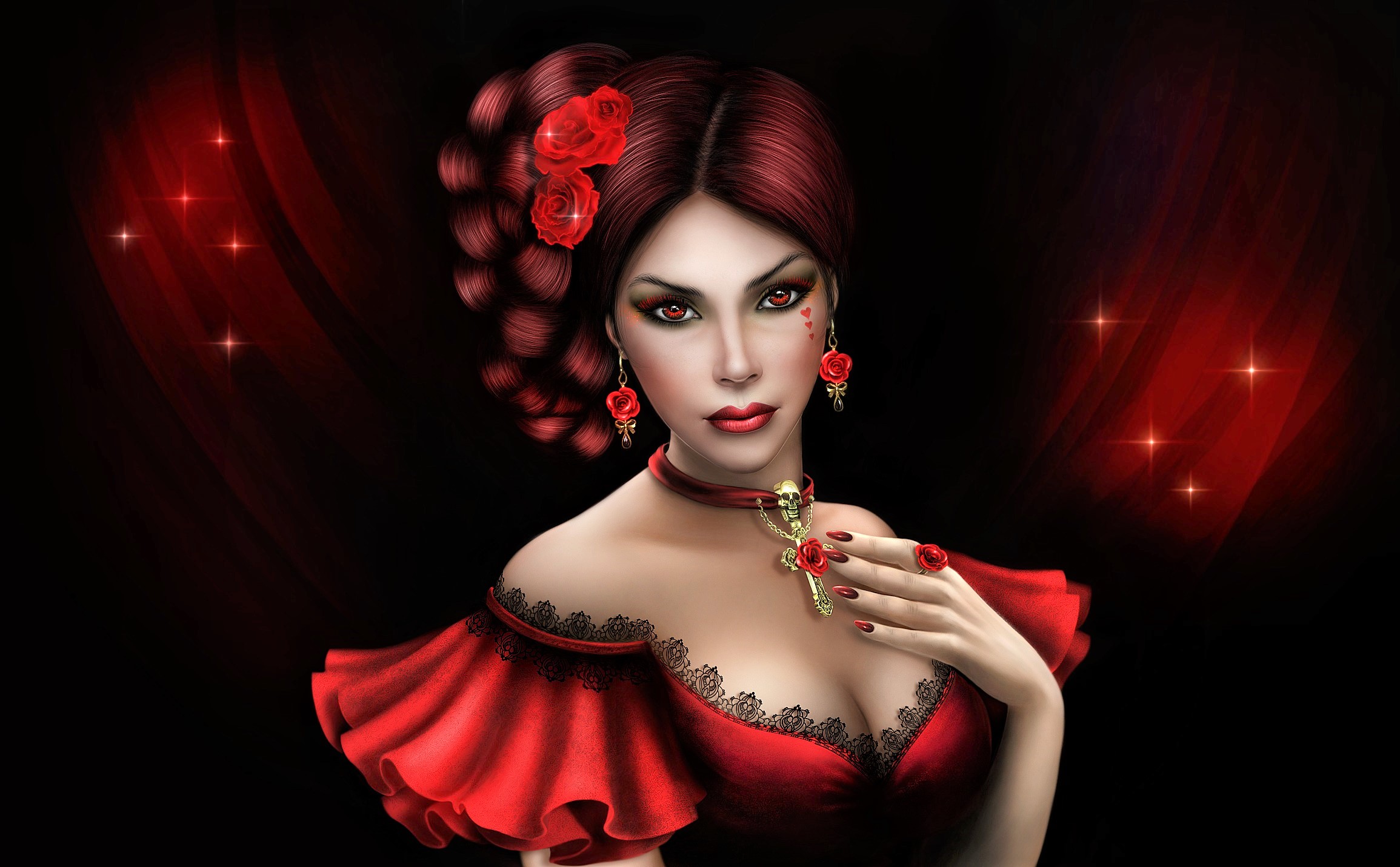 Earrings Face Girl Lipstick Red Eyes Vampire Woman 2310x1431