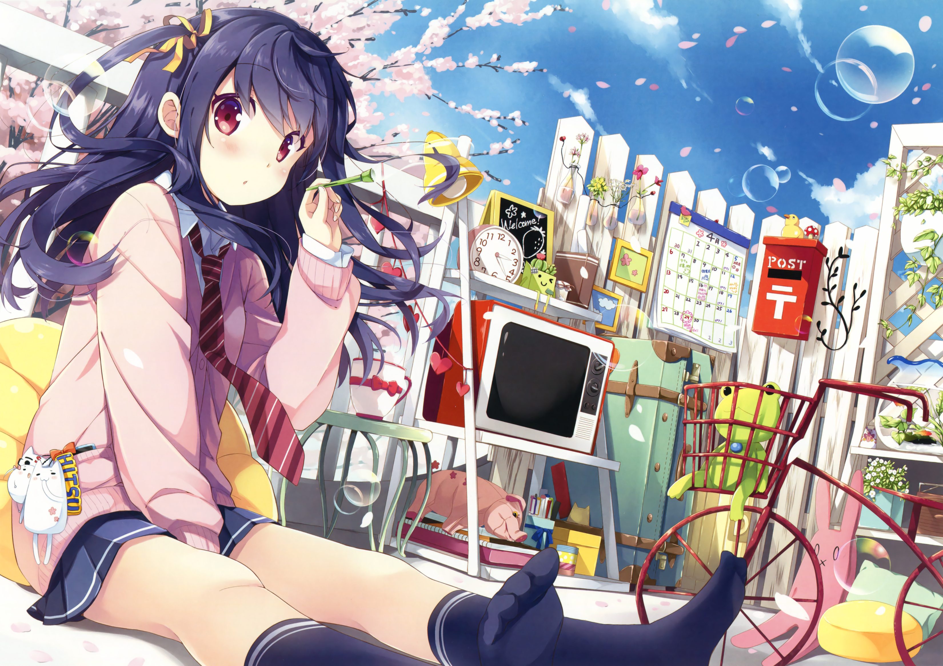 Bike Bubble Cherry Blossom Frog Long Hair Purple Hair Red Eyes Ribbon Television Tie Twintails 3300x2331