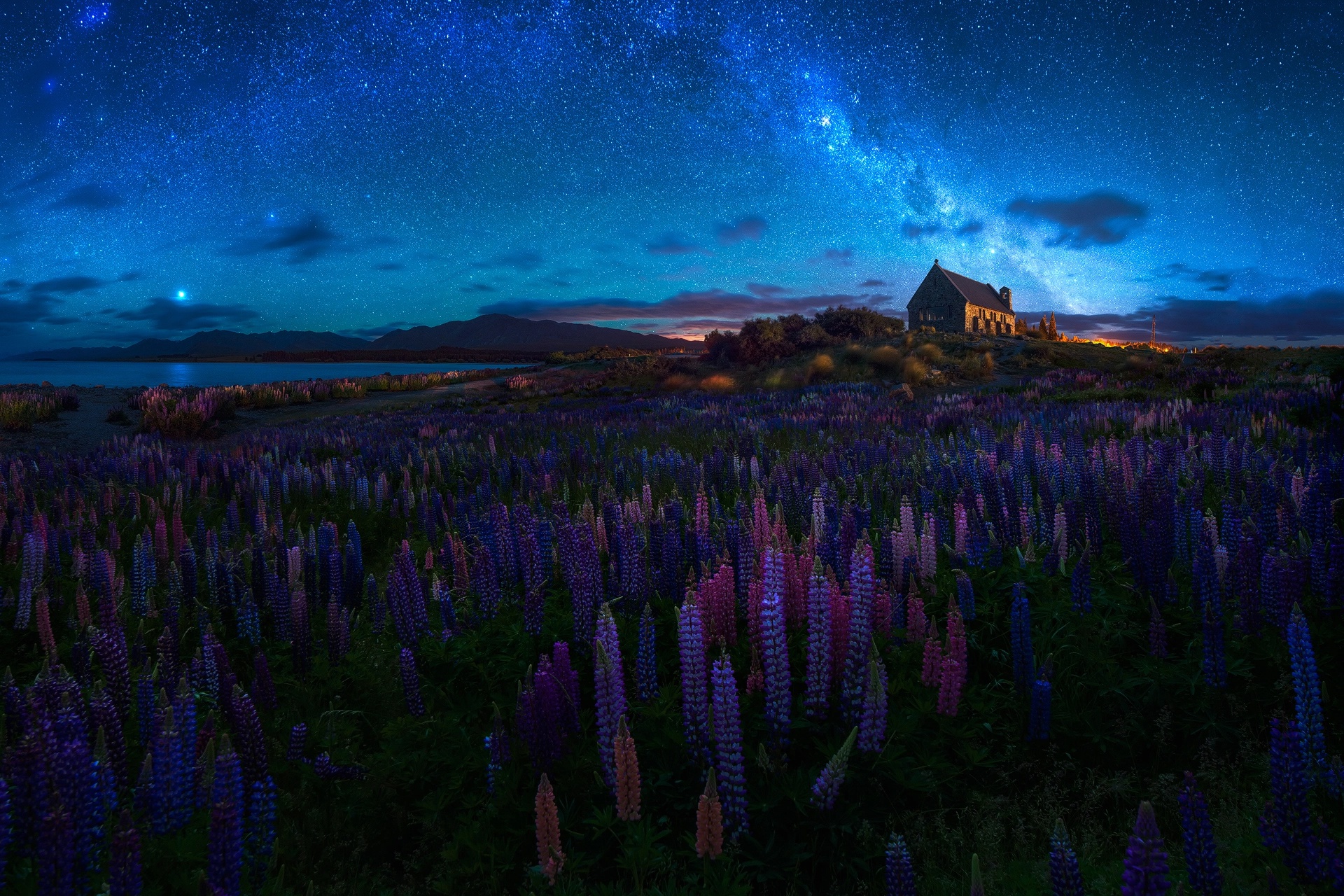 Chapel Flower Lupine Night Purple Flower Starry Sky Stars 1920x1280