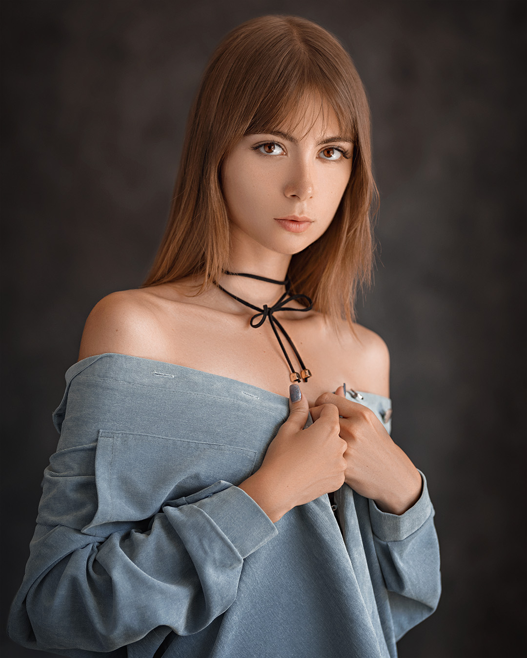 Evgeny Sibiraev Women Brunette Long Hair Straight Hair Bangs Bare Shoulders Shirt Choker Brown 3173