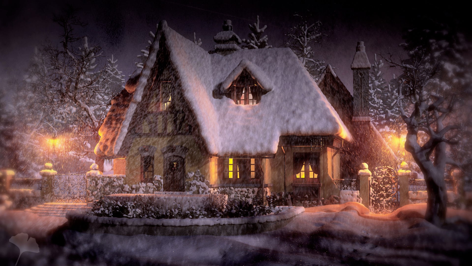 Cottage House Night Snow Snowfall Winter 1920x1080