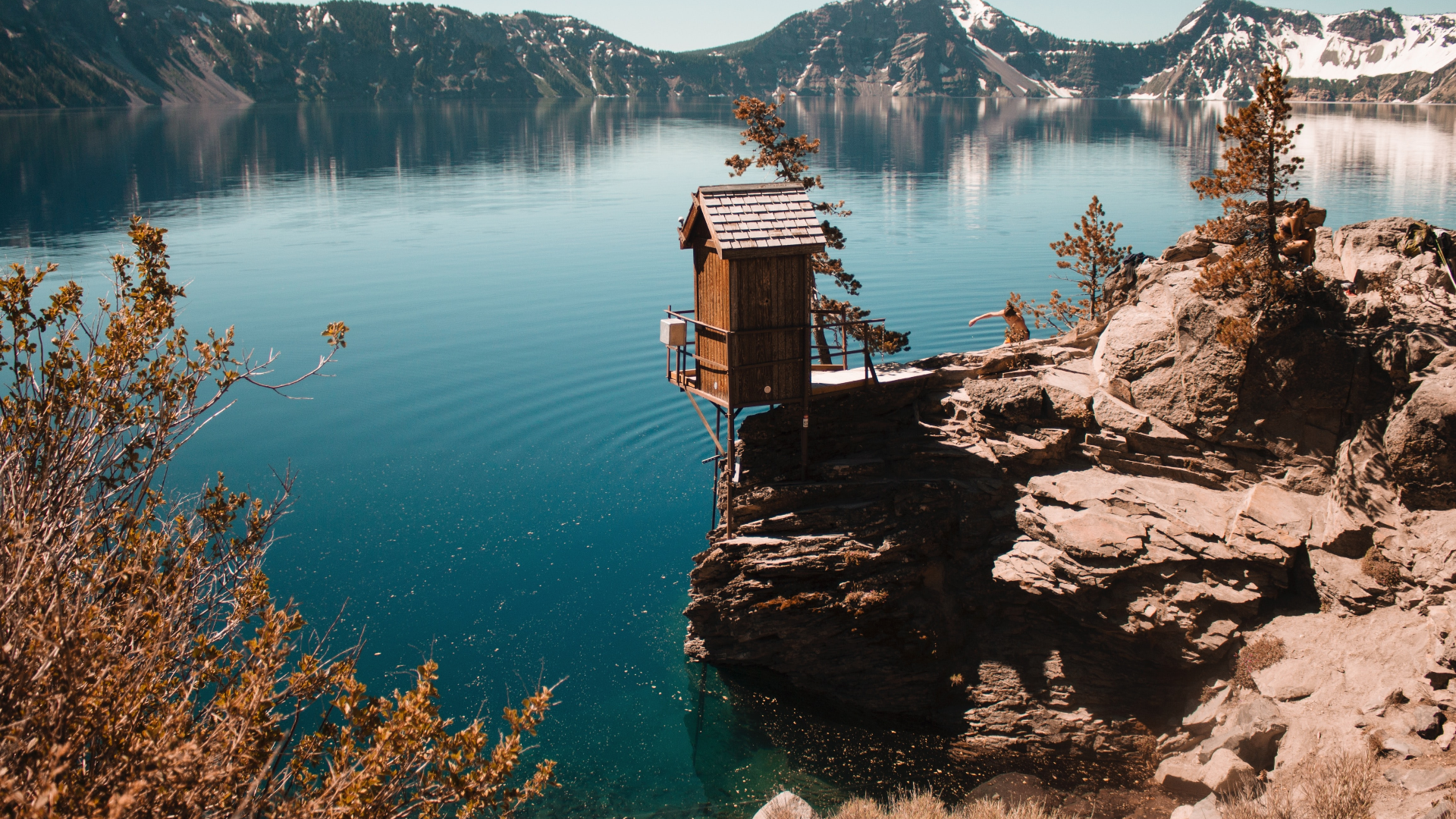 Landscape Trees Mountains Rocks Water Fall Lake Crater Lake Oregon USA 1920x1080