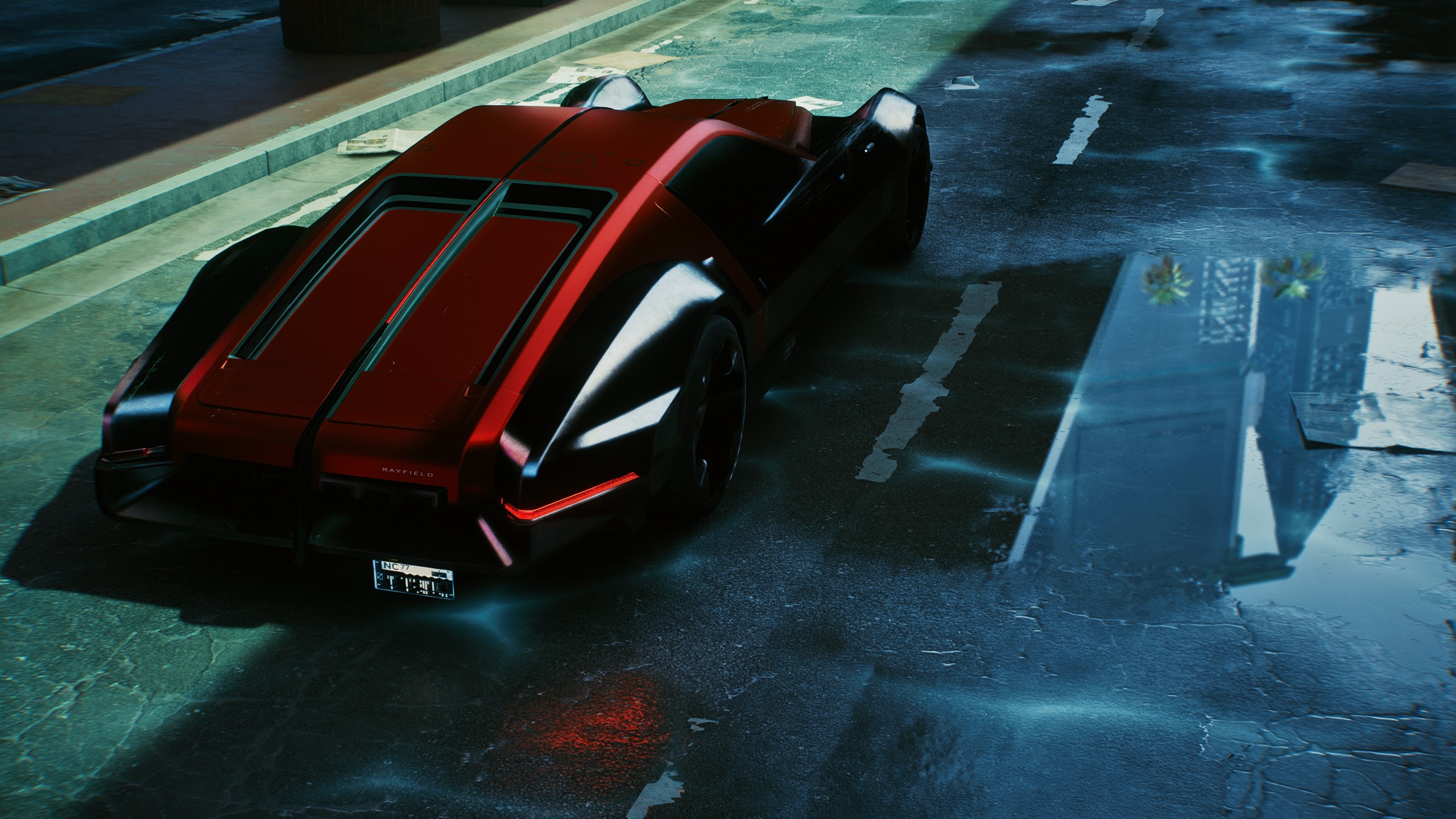 Cyberpunk 2077 Car Vehicle Reflection Asphalt Red Cars Screen Shot Futuristic Video Games PC Gaming 2560x1440