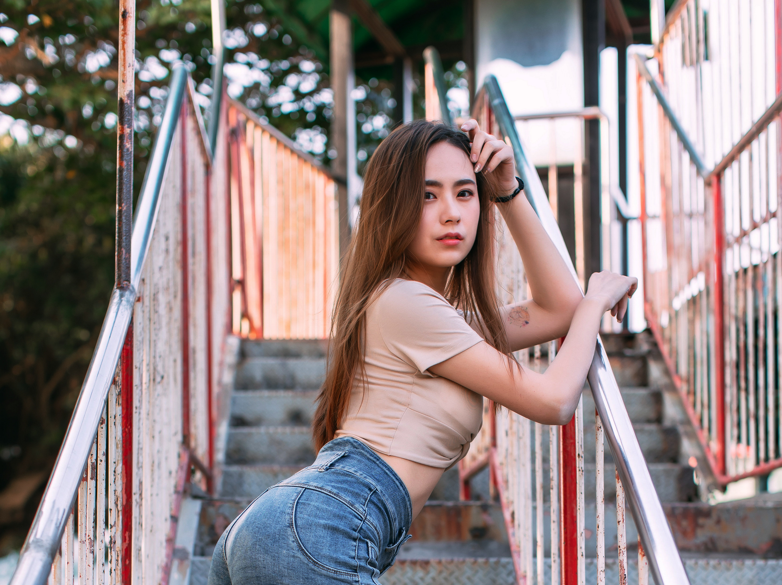 Asian Model Women Long Hair Brunette Stairs Railings Leaning Jeans Short Tops Tattoo Depth Of Field  2507x1875