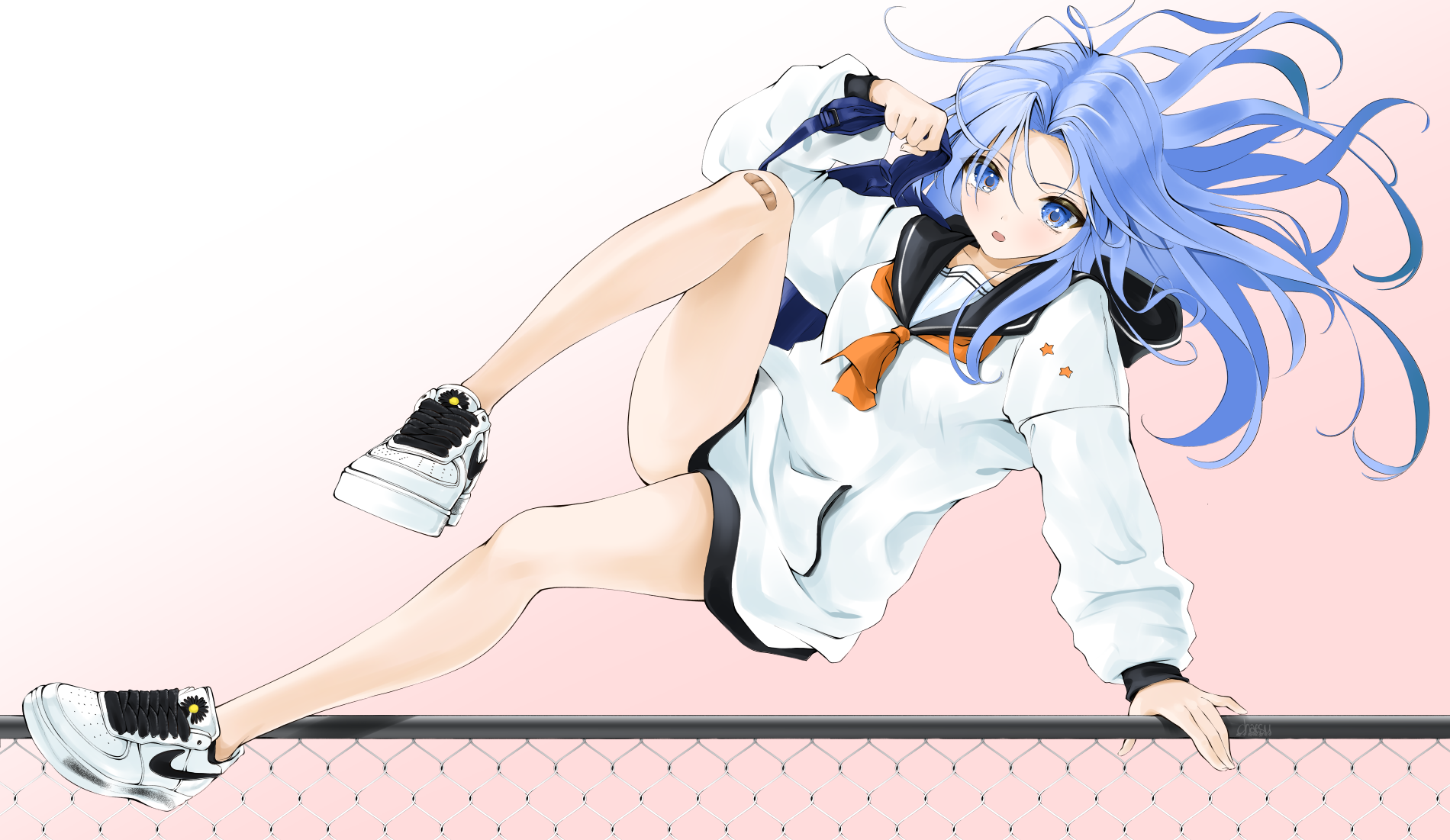 Anime Anime Girls Digital Art Artwork Chaesu Jumping Blue Hair Blue Eyes 1900x1101