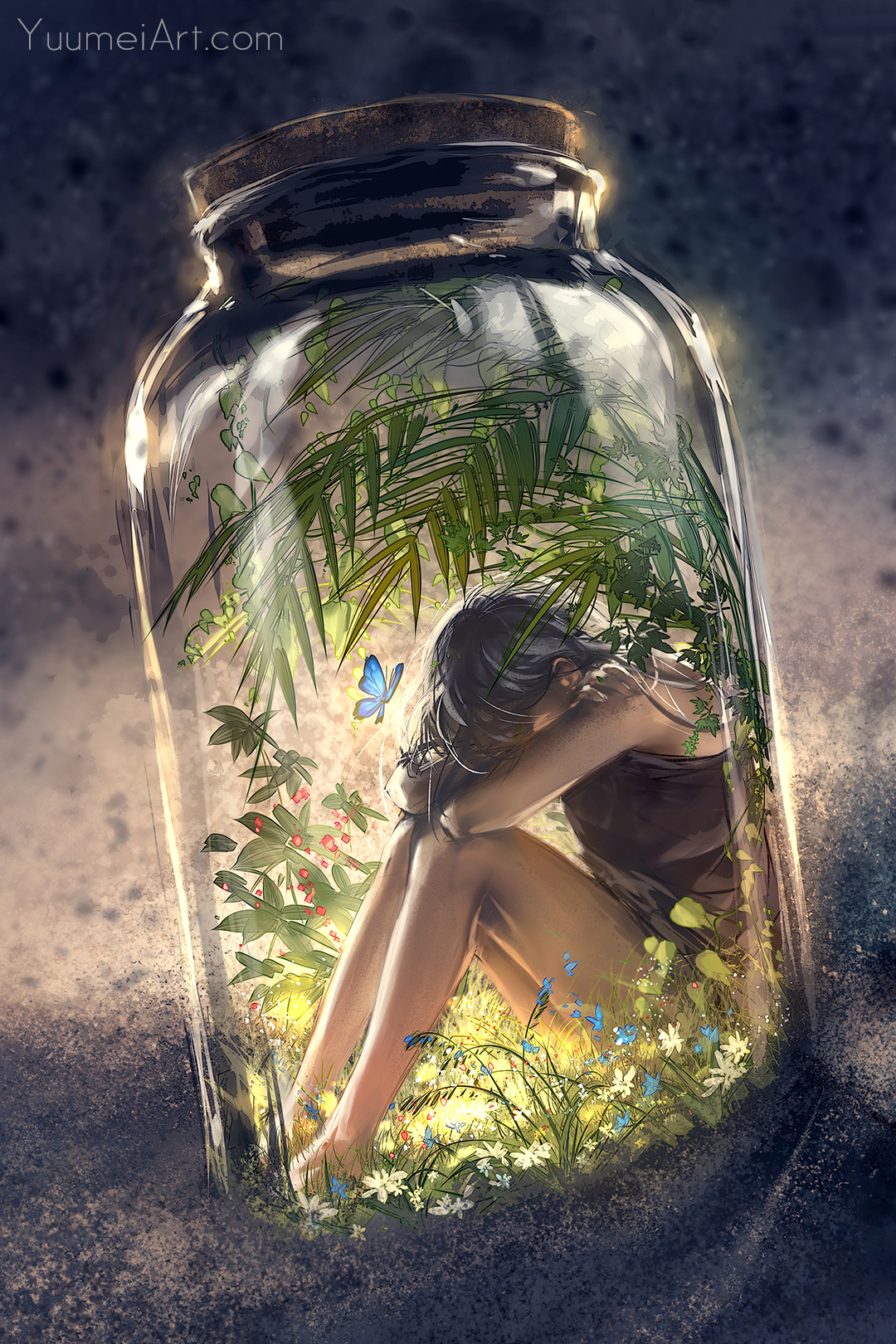 Yuumei Drawing Jar Women Crying Plants Butterflies Fantasy Art 1080x1620