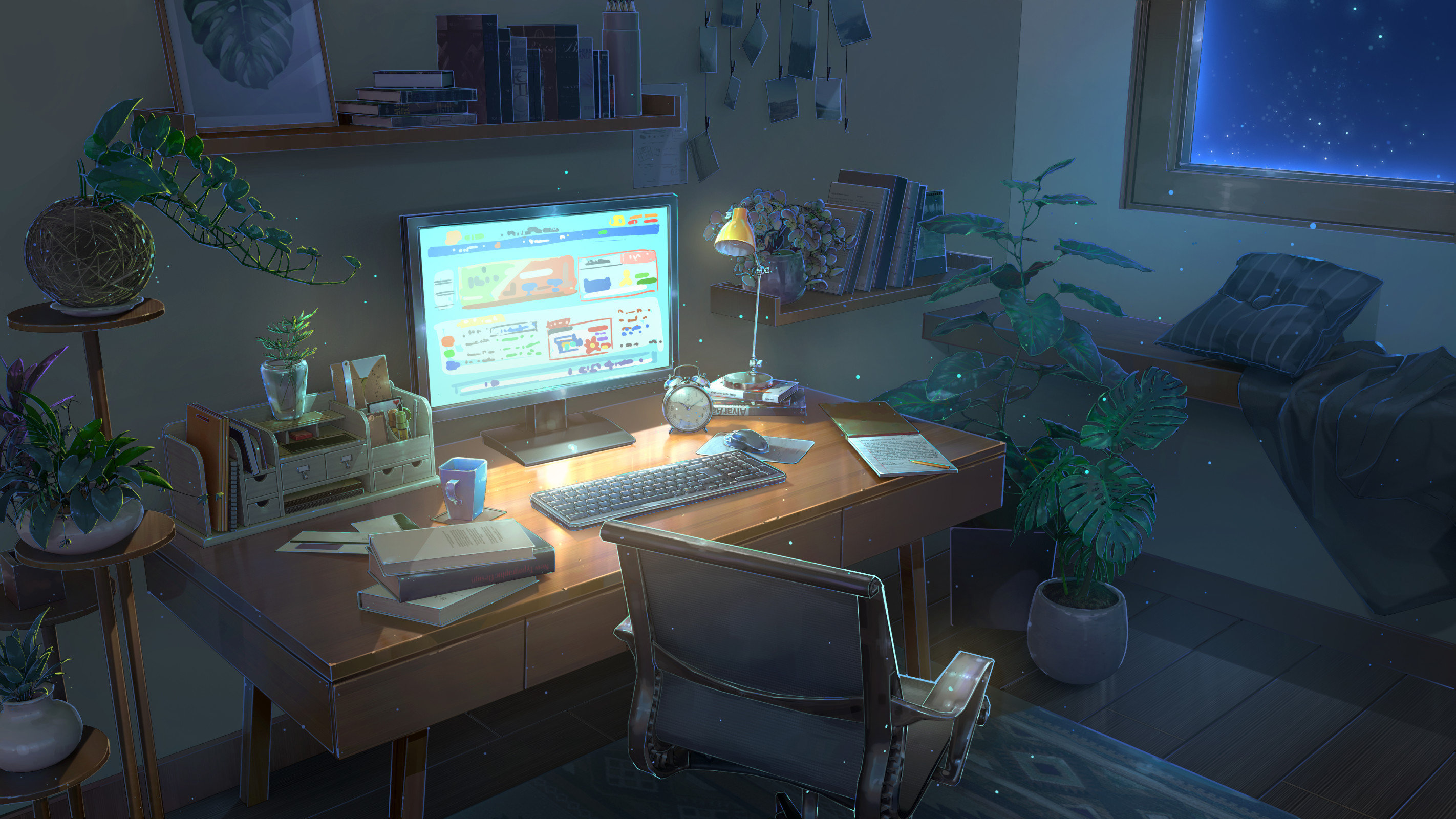 Night Computer Table Plants Plant Pot Keyboards Books Bookshelf Chair Room Interior Monitor Lamp Ind 2844x1600