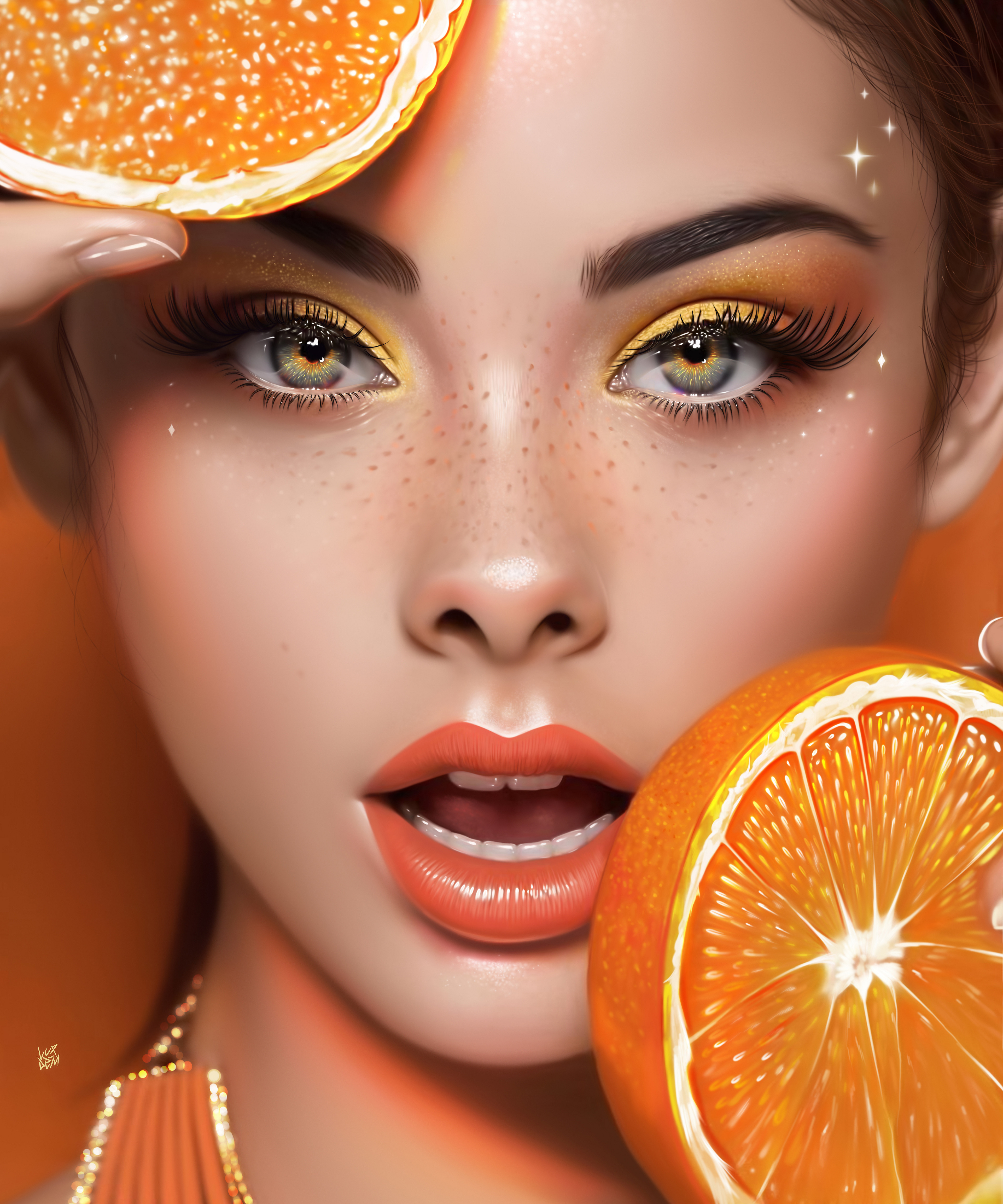 ArtStation Women Portrait Portrait Display Makeup Freckles Open Mouth Orange Fruit Looking At Viewer 3840x4608
