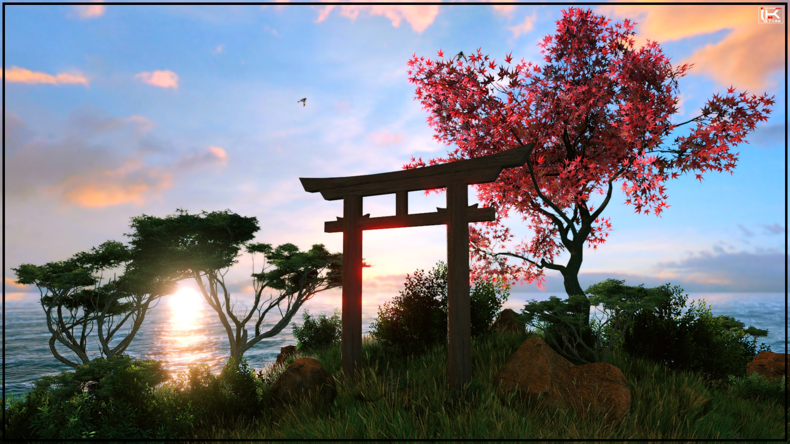 Island Torii Sakura Tree Sea Sunlight Sky Plants Trees Video Games Screen Shot 2560x1440
