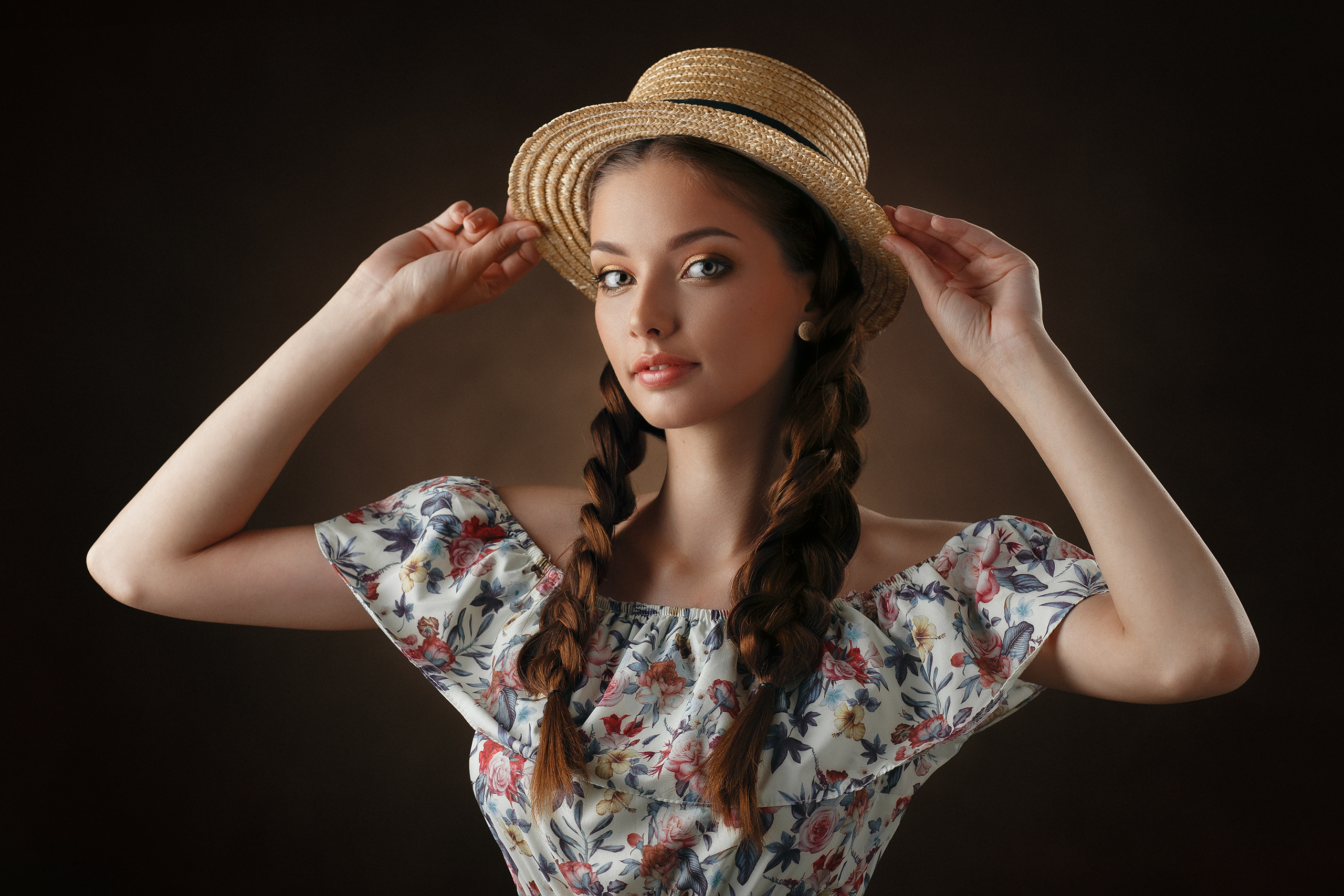Ivan Kovalyov Women Hat Straw Hat Braids Brunette Long Hair Makeup Looking At Viewer Smiling Dress F 2560x1707