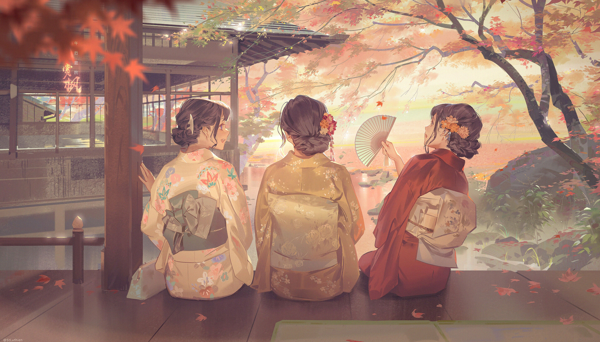Anime Anime Girls Kimono Japanese Art Original Characters St Luthien StLuthien Fall Japanese Clothes 1920x1095