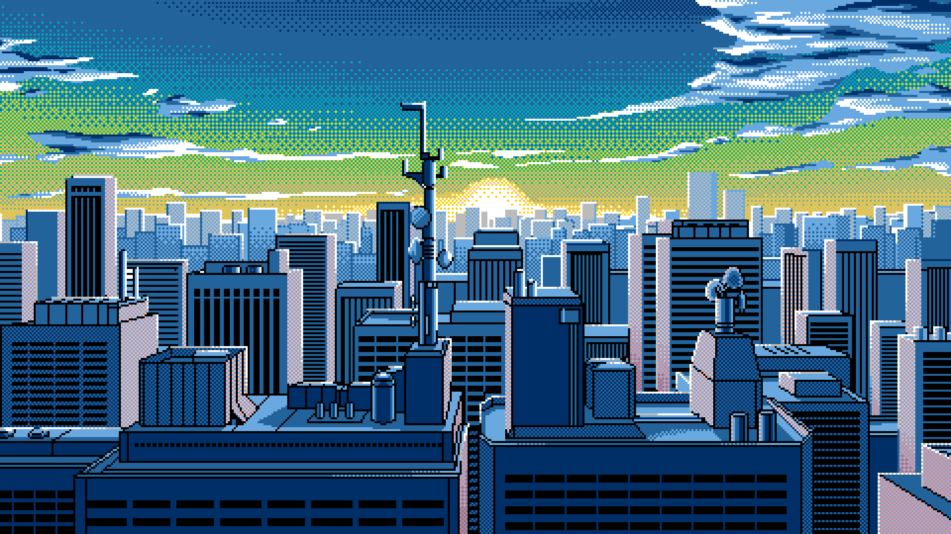 Pixel Art Artwork City Sunrise Skyline Cityscape Rooftops Antenna 1920x1080
