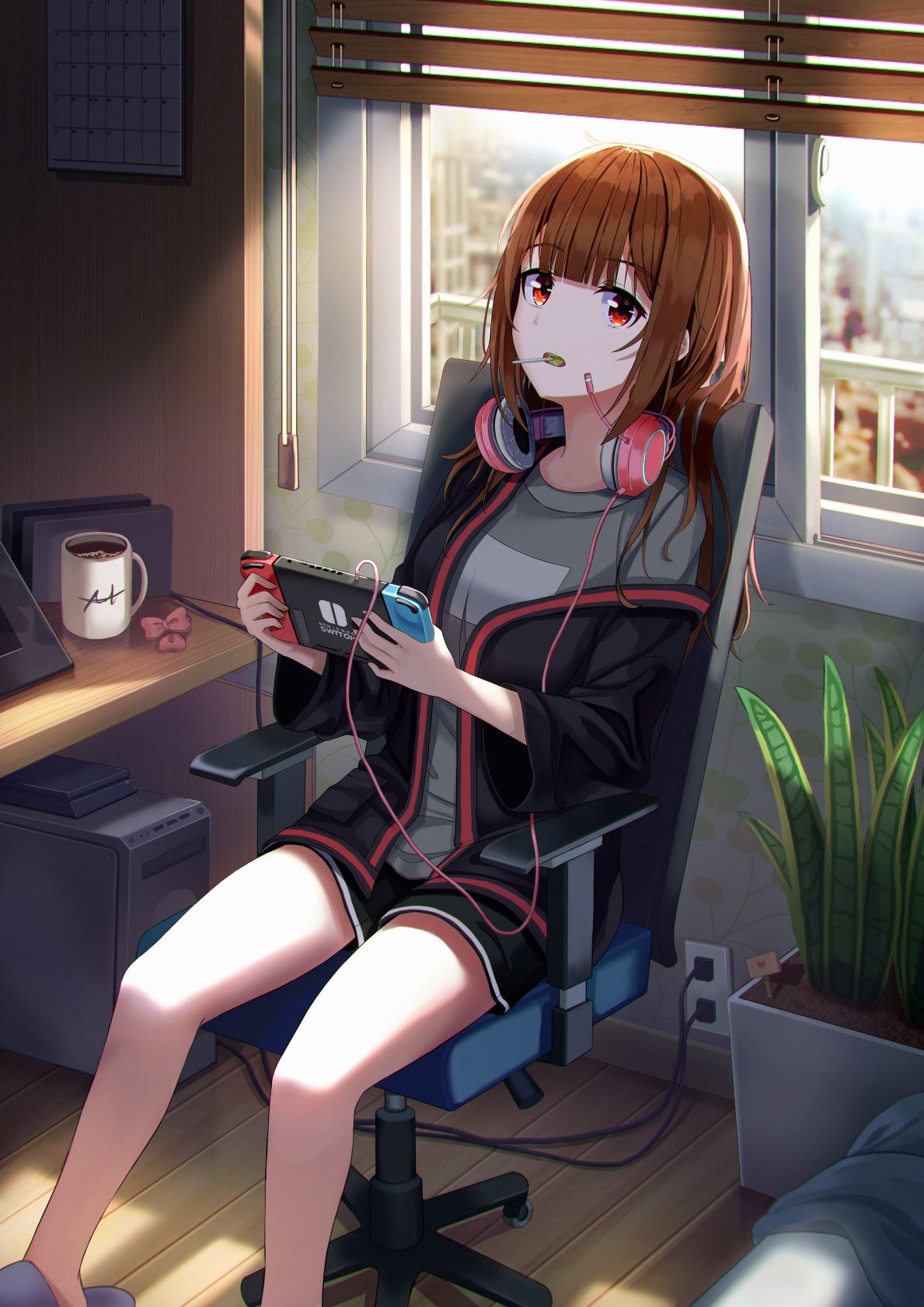 anime girl with brown hair and brown eyes and headphones
