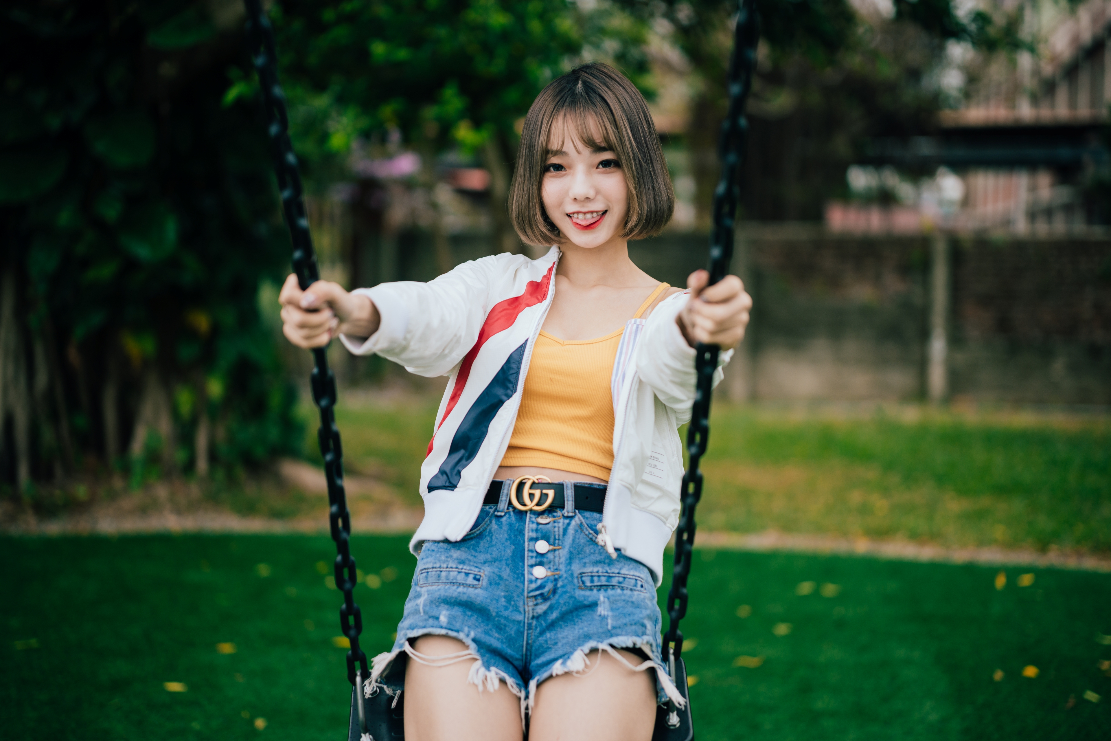Women Model Asian Looking At Viewer Smiling Braces Yellow Tops Jacket Torn Clothes Sitting Swings De 3840x2560