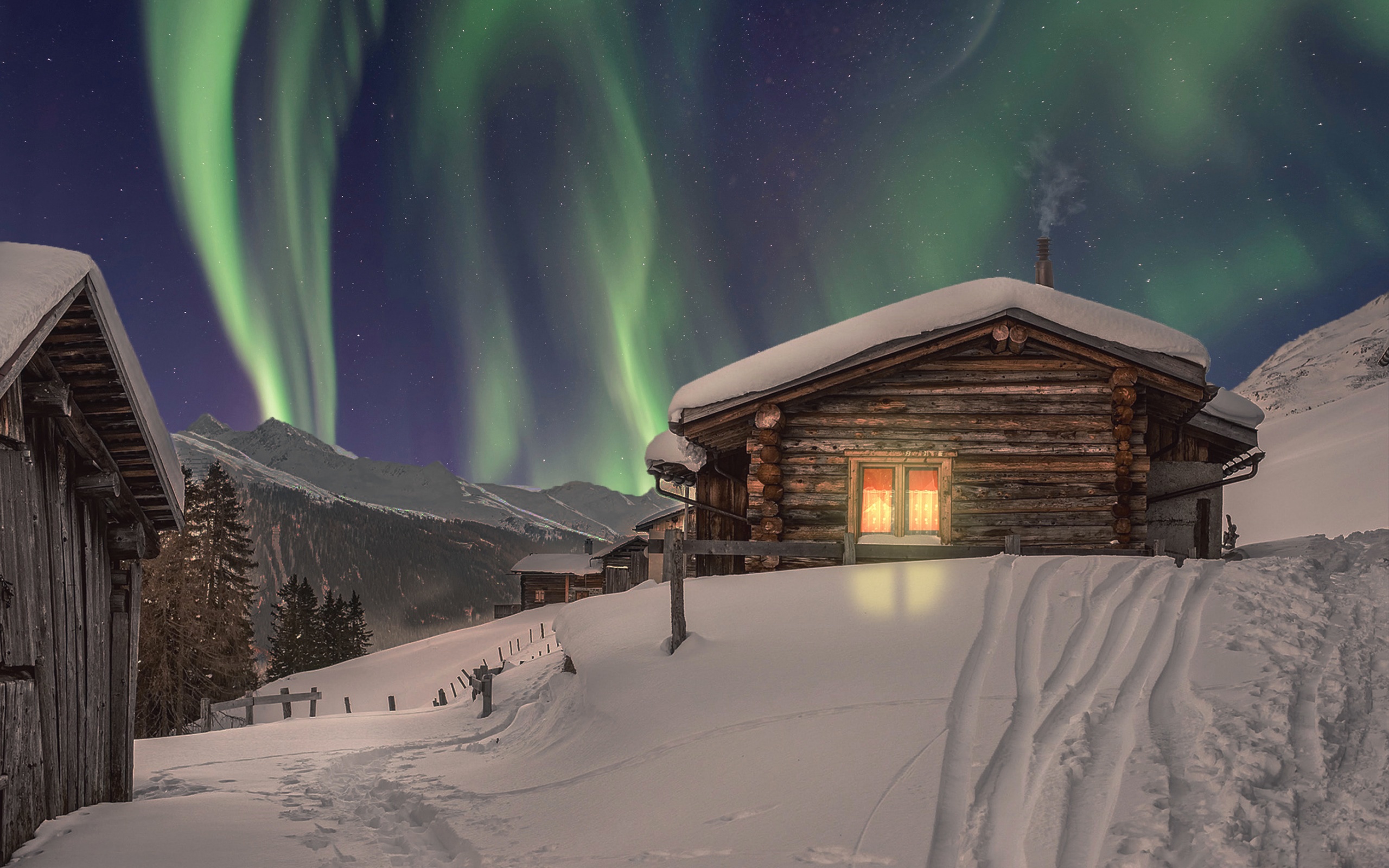 Aurora Borealis House Snow Winter 2560x1600