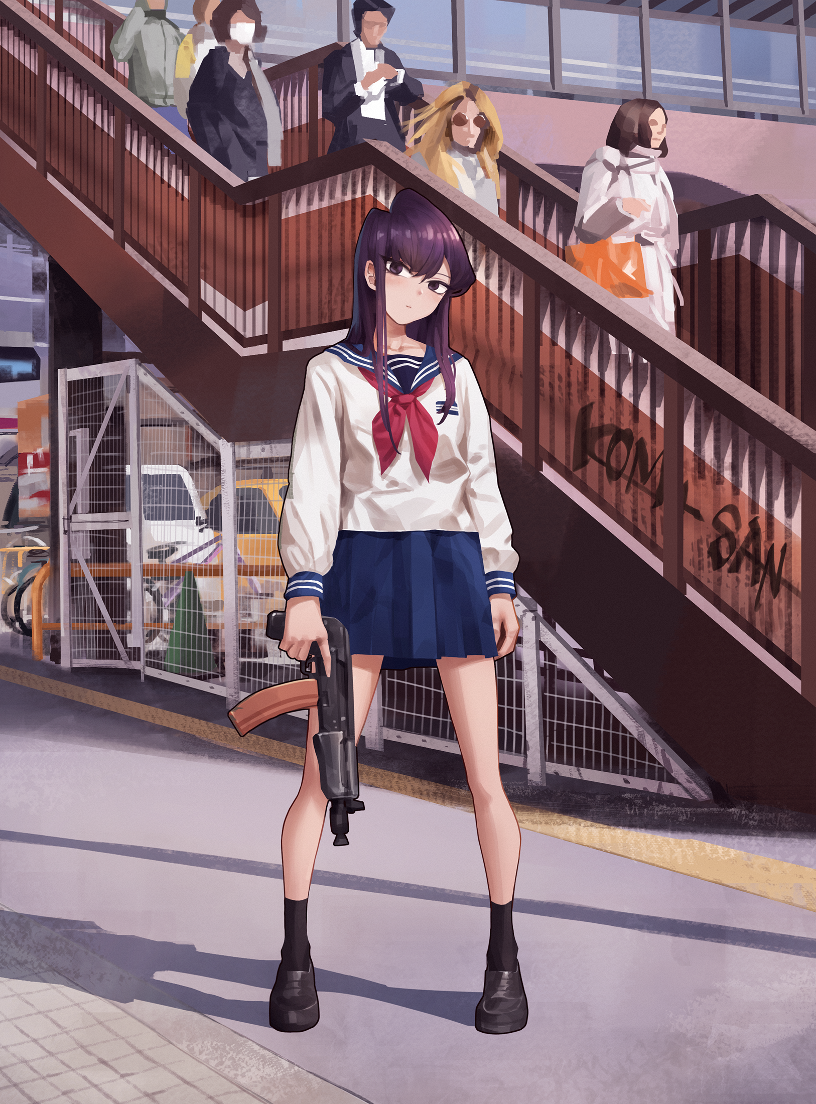 Komi San Wa Comyushou Desu Anime Girls School Uniform JK Yakuza Girl With Weapon Long Hair AKS 74U W 1626x2200