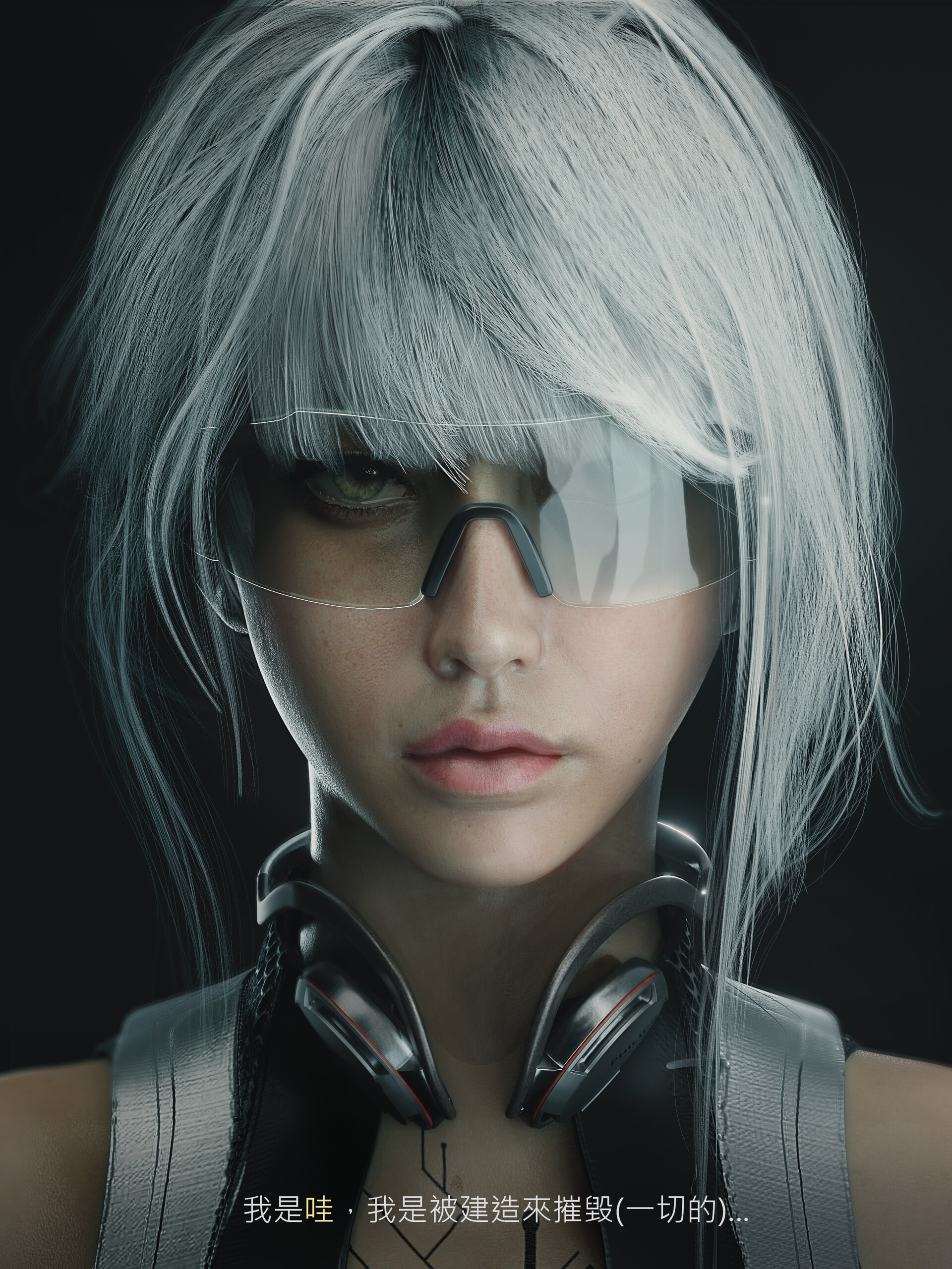 Women Face Women With Glasses CGi Render Digital Art Looking At Viewer Ash Blonde Headphones 1920x2560