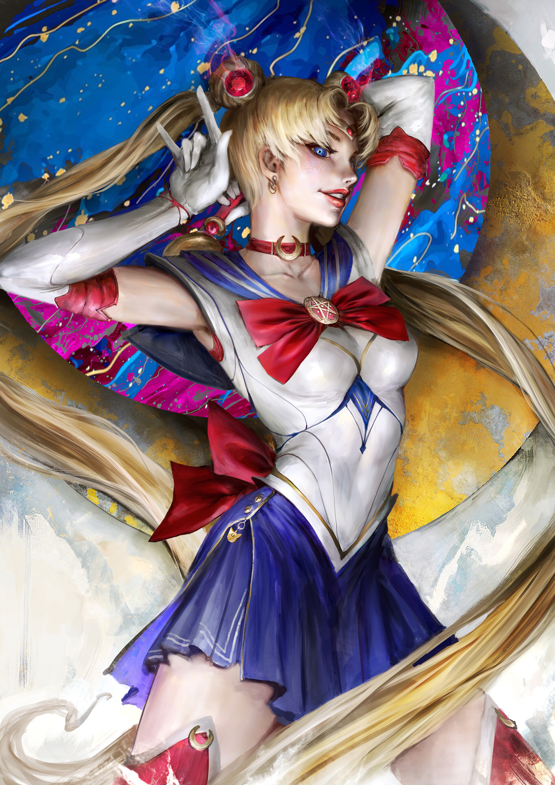 Daniel Kamarudin Artwork Sailor Moon Women ArtStation Arms Up Blonde Long Hair Standing Red Lipstick 1920x2715