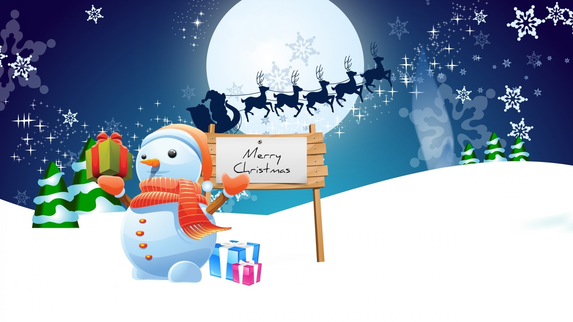 Christmas Gift Merry Christmas Moon Night Reindeer Santa Claus Sleigh Snow Snowman Stars Tree 1920x1080