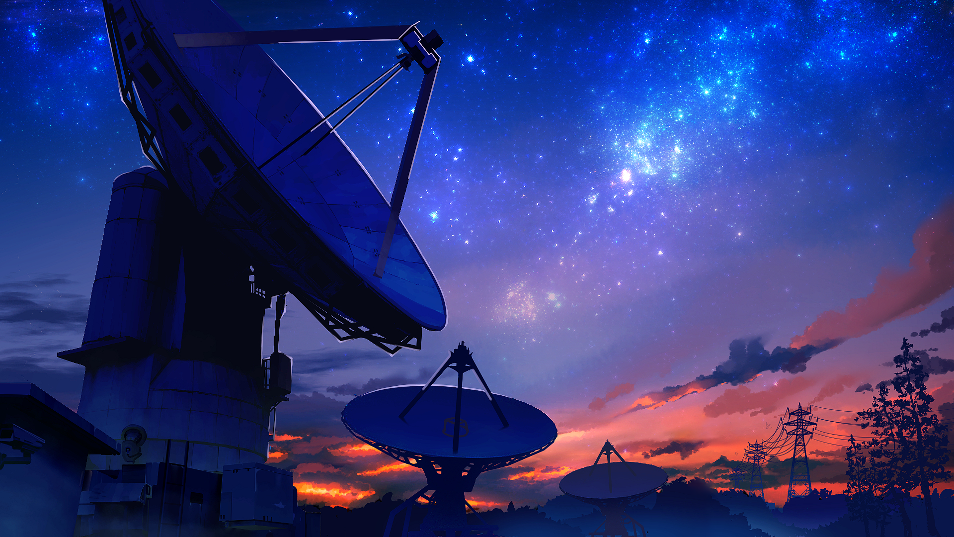 Amanojaku Satellite Dish Night Sky Anime Power Lines Starry Night Radio Telescope Sunset 1920x1080