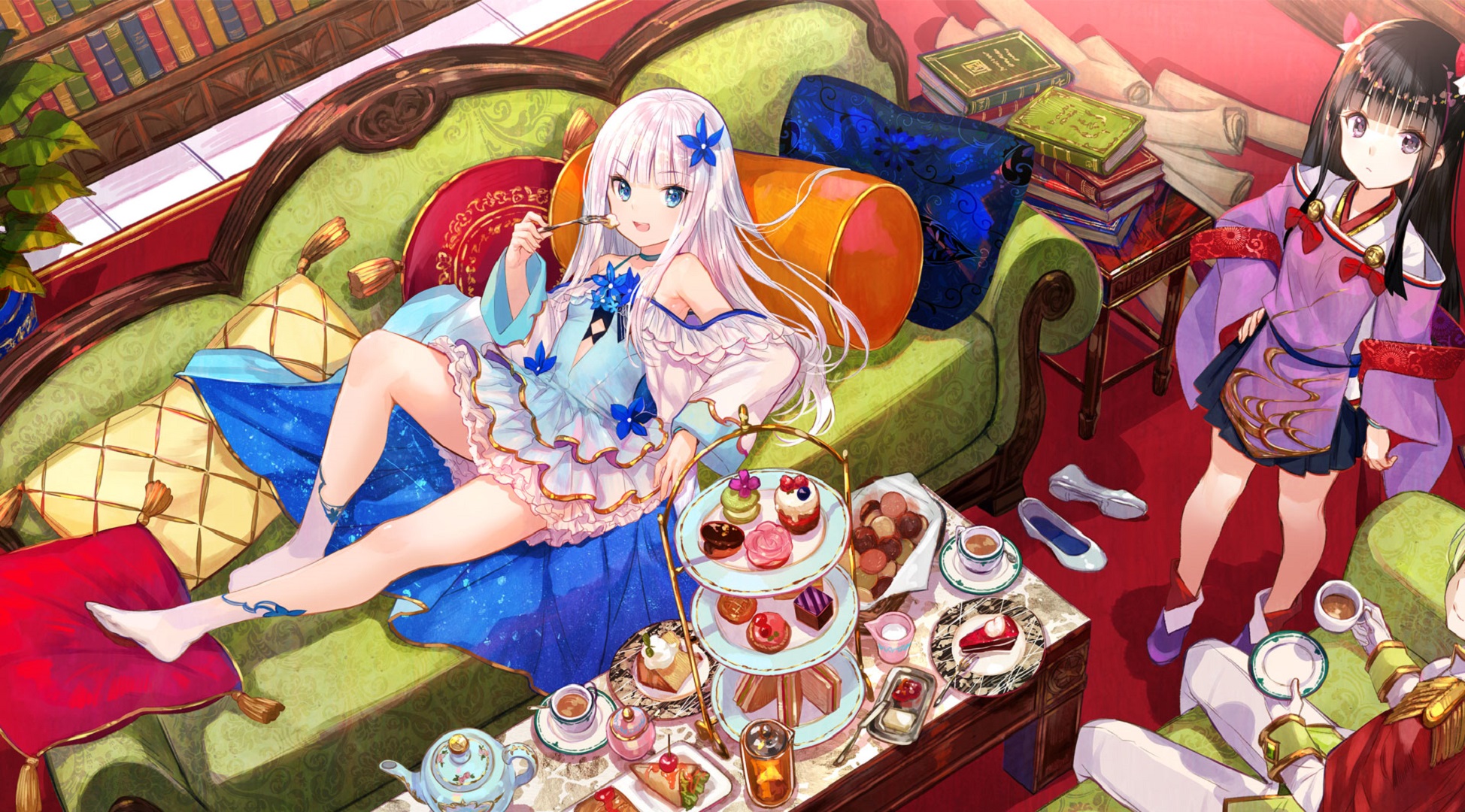 Book Cake Couch Eating Girl Kagami Sakimori Resting Solomon Kenja No Deshi Wo Nanoru Kenja Tea 1948x1080