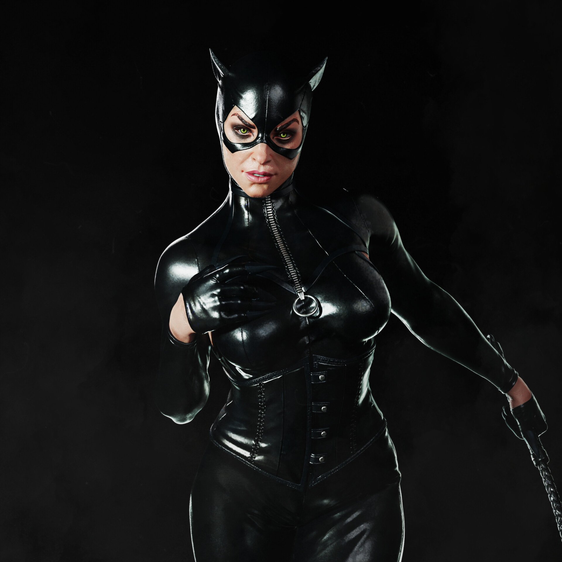 Catwoman CGi Digital Art Women Mask Simple Background Black Background Looking At Viewer Glowing Eye 1920x1920