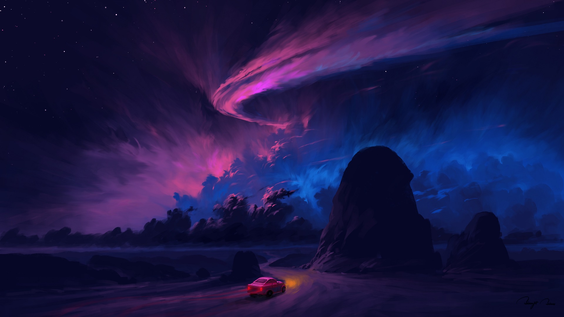 Digital Painting Night Sky Car Landscape Clouds Artwork BisBiswas 1920x1080