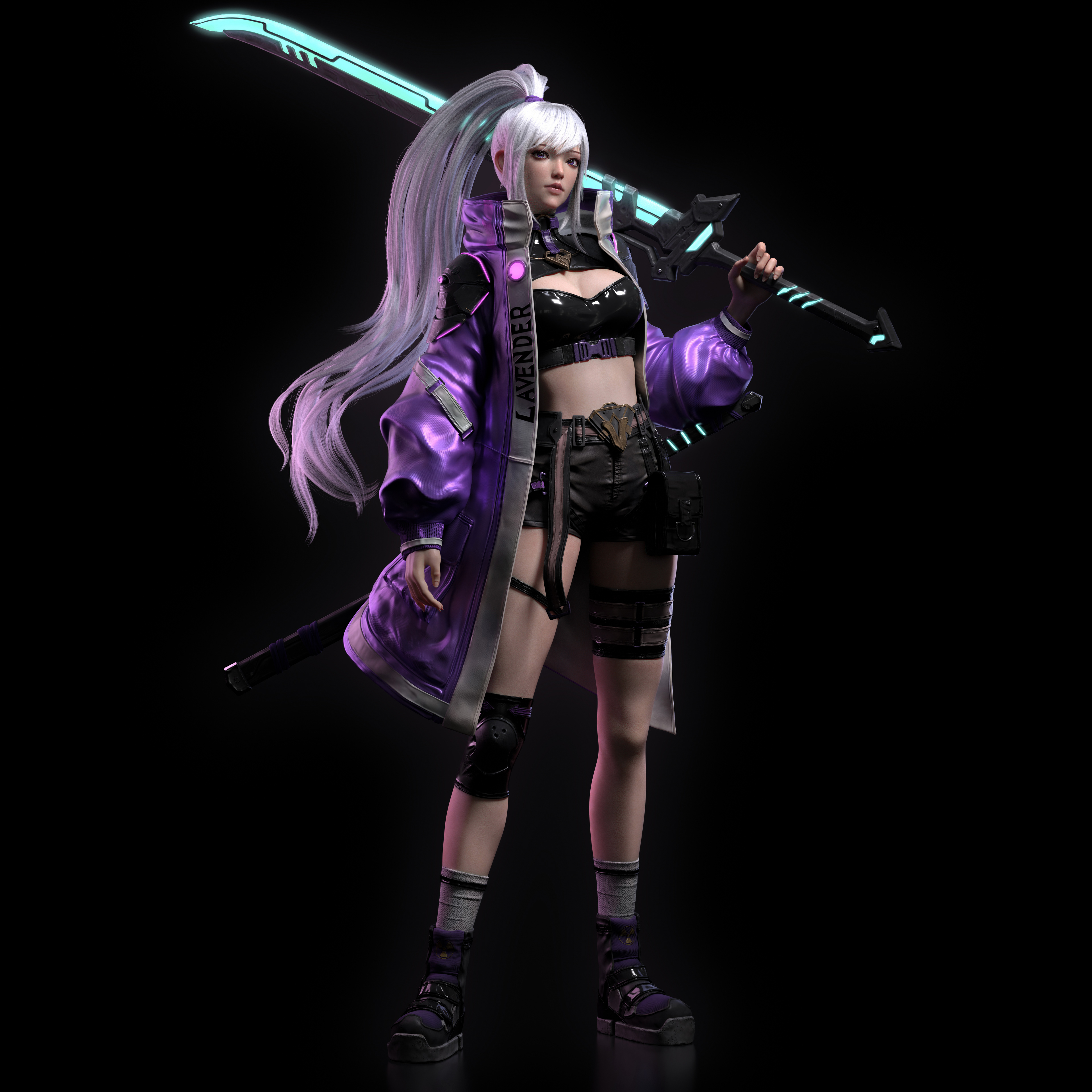 Cifangyi CGi Silver Hair Long Hair Ponytail Warrior Purple Clothing Women Socks Weapon Katana Neon G 3840x3840