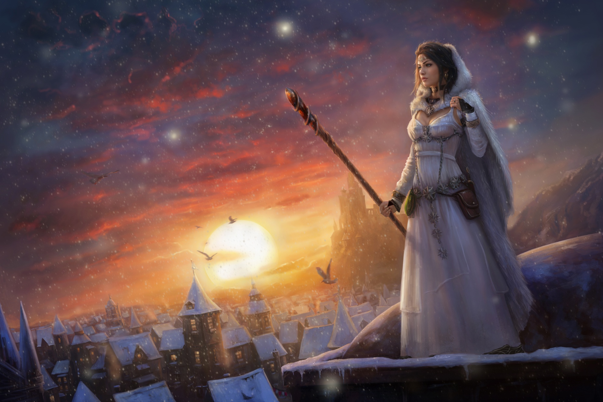 Cloud Girl Snow Snowfall Sorceress Staff Sunset Town White Dress Winter Woman 1980x1320