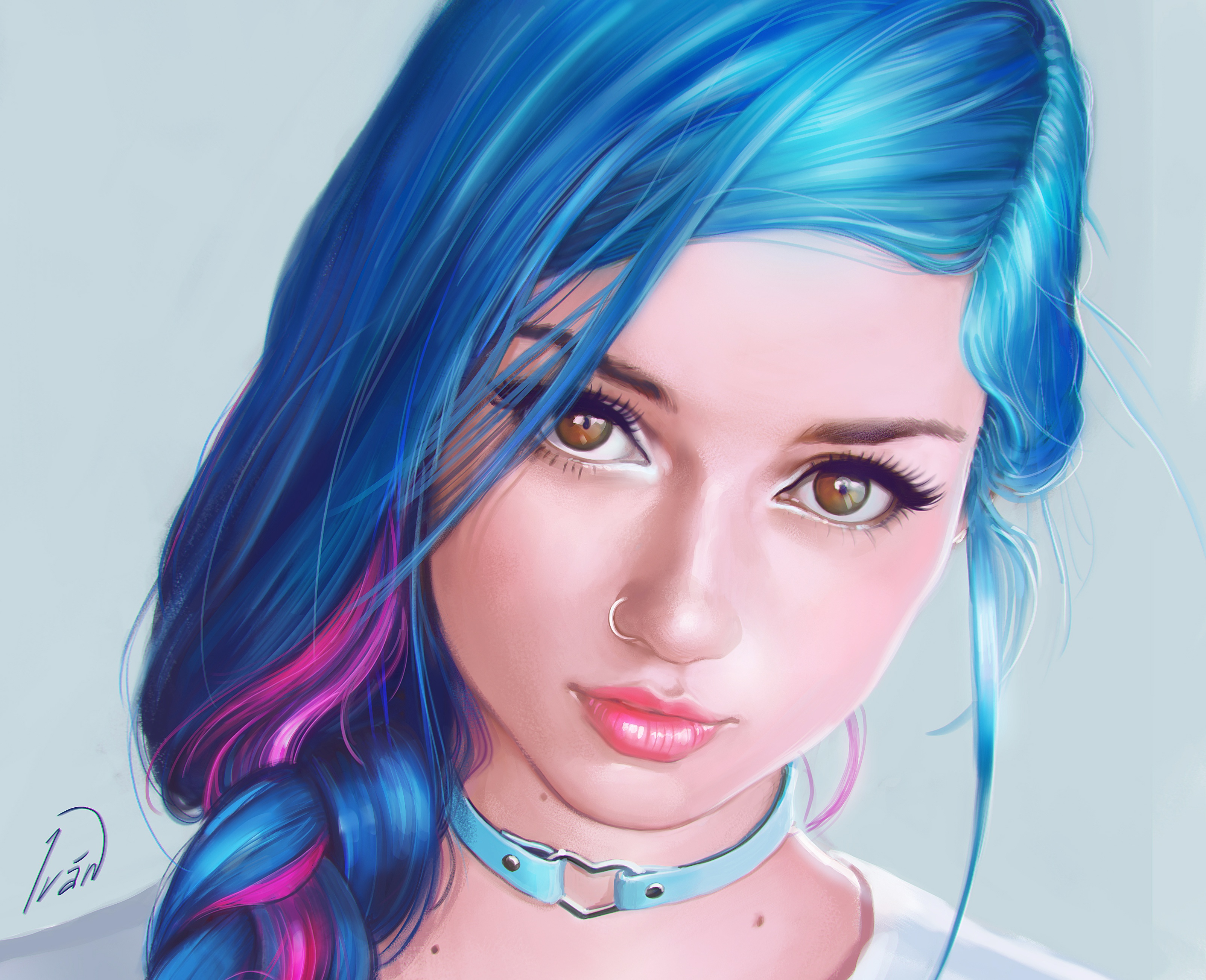 Artistic Blue Hair Face Fantasy Girl Nose Ring Woman 3205x2605
