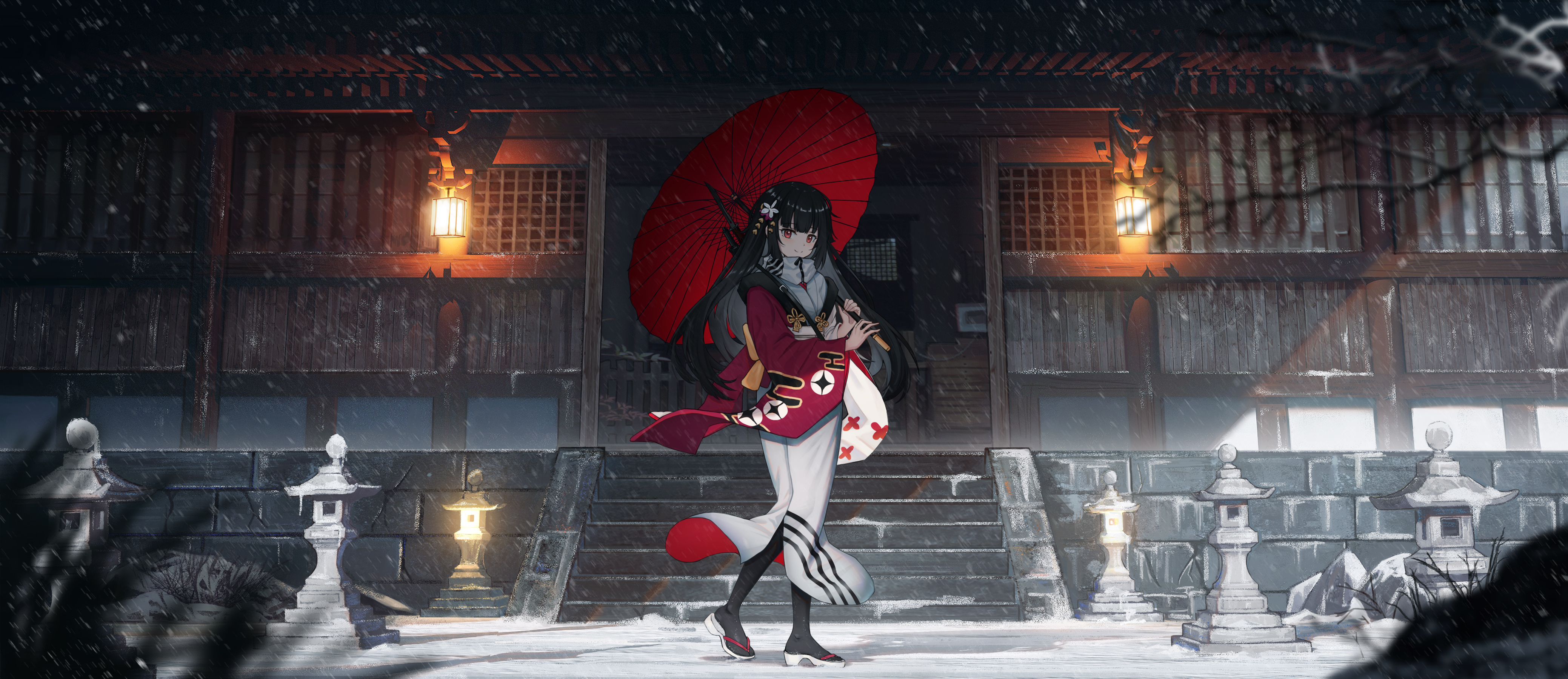 Anime Anime Girls Digital Art Artwork 2D Portrait Winter Snow Umbrella Japanese Clothes Kimono Black 4155x1800