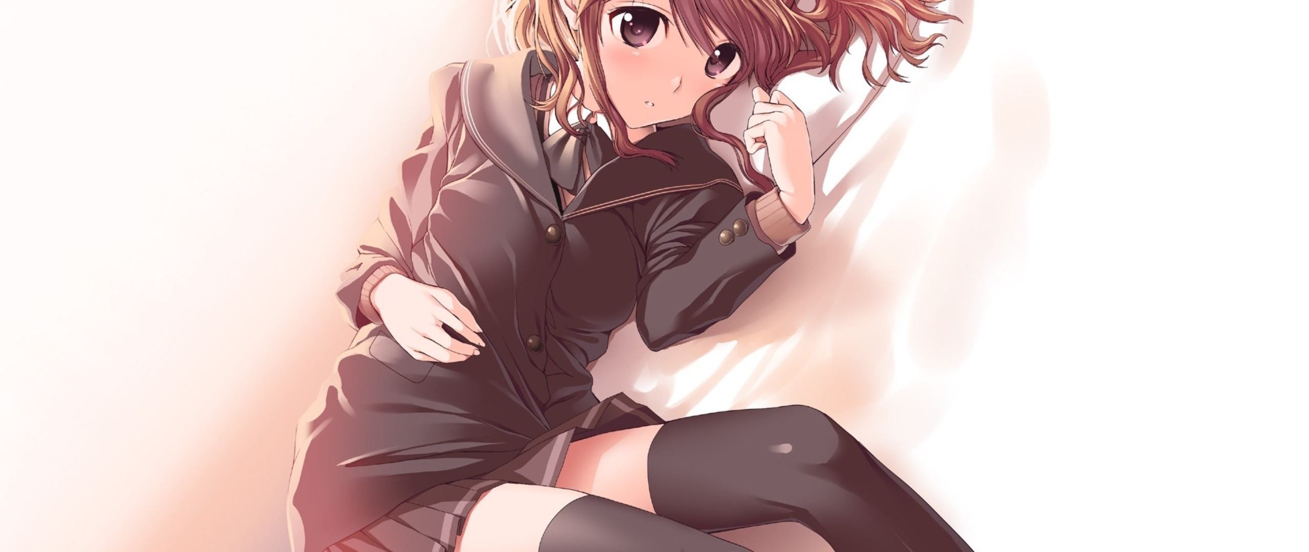 Brunette Brown Eyes School Uniform Thigh Highs In Bed Anime Girls Nakata Sae Amagami SS 2560x1080